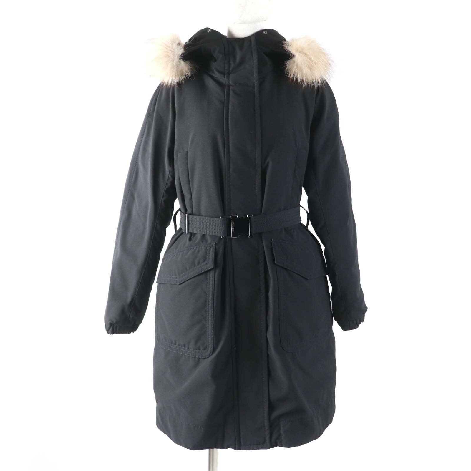 極美品☆MONCLER モンクレール 21-22AW CAMELINE ロゴワッペン・ブルーフロストファー・フード付 ダウンコート ブラック 1 正規品 レディース【中古】