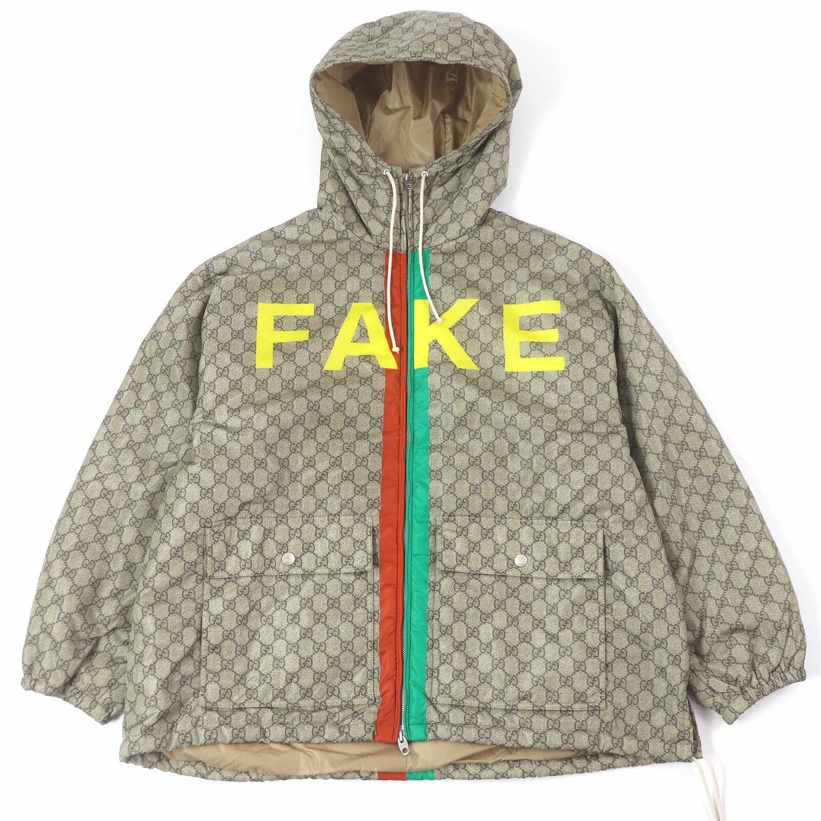 極美品□GUCCI グッチ 20AW 636391 GGロゴ総柄 FAKE NOTプリント ウェブライン ナイロンジャケット ブルゾン ベージュ 48 ハンガー・ガーメント付き イタリア製 正規品 メンズ【中古】