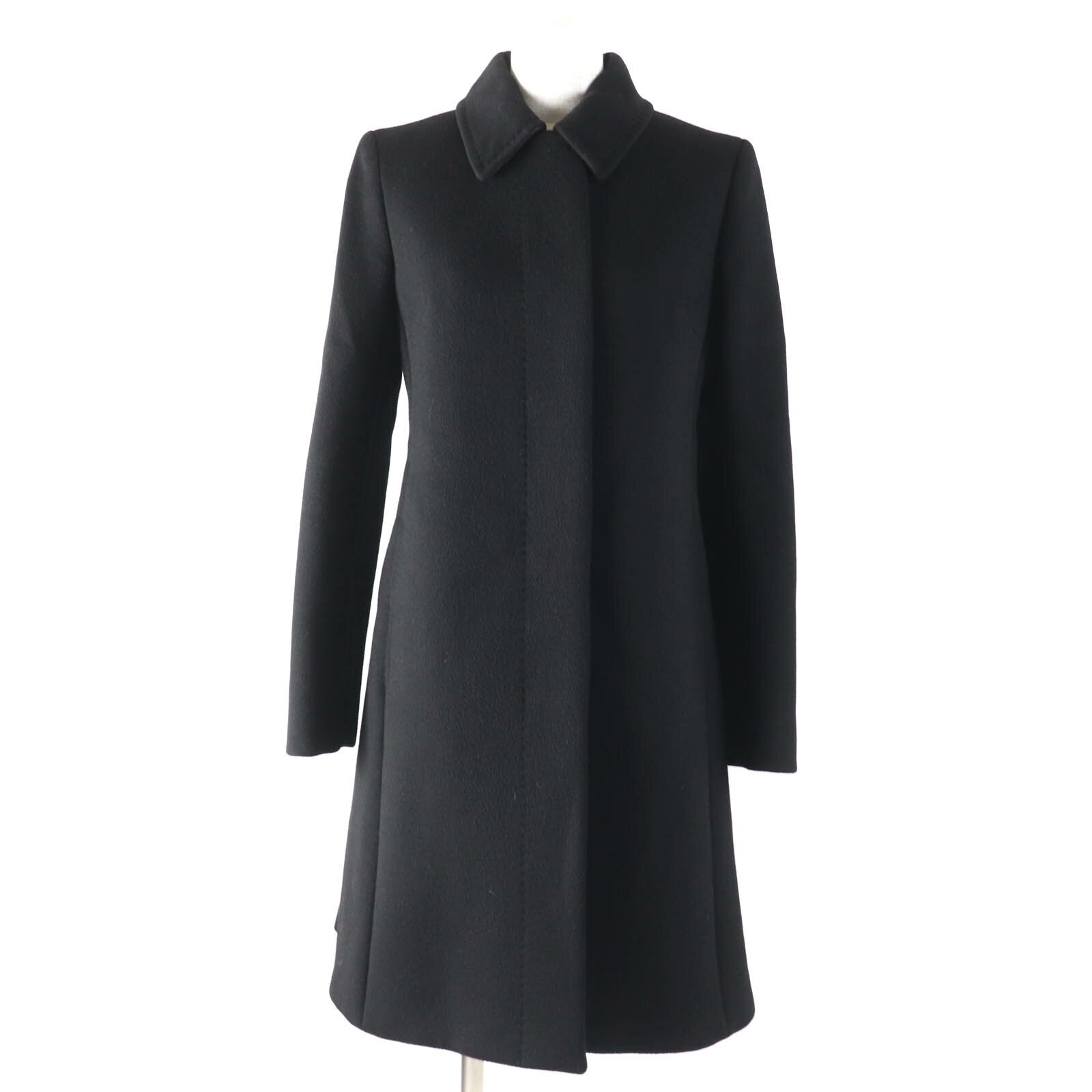 極美品☆Max Mara マックスマーラ バージンウール カシミヤ 白タグ レザー使い コート ブラック 40 イタリア製 国内正規品 レディース【中古】