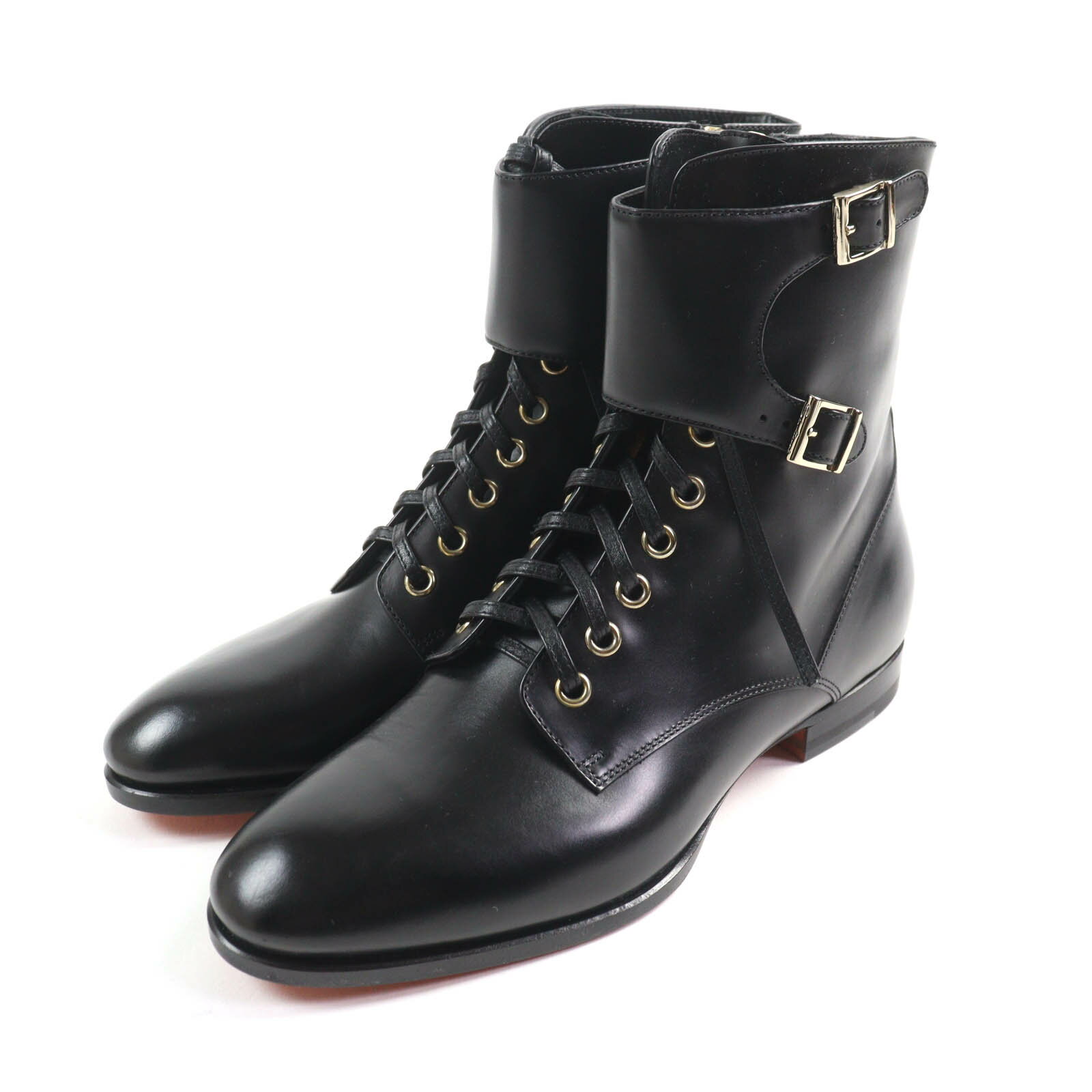 未使用品★Santoni サントーニ サイドジップ ダブルバックル レースアップ レザー ショートブーツ ブラック 36 箱付き イタリア製 レディース【中古】