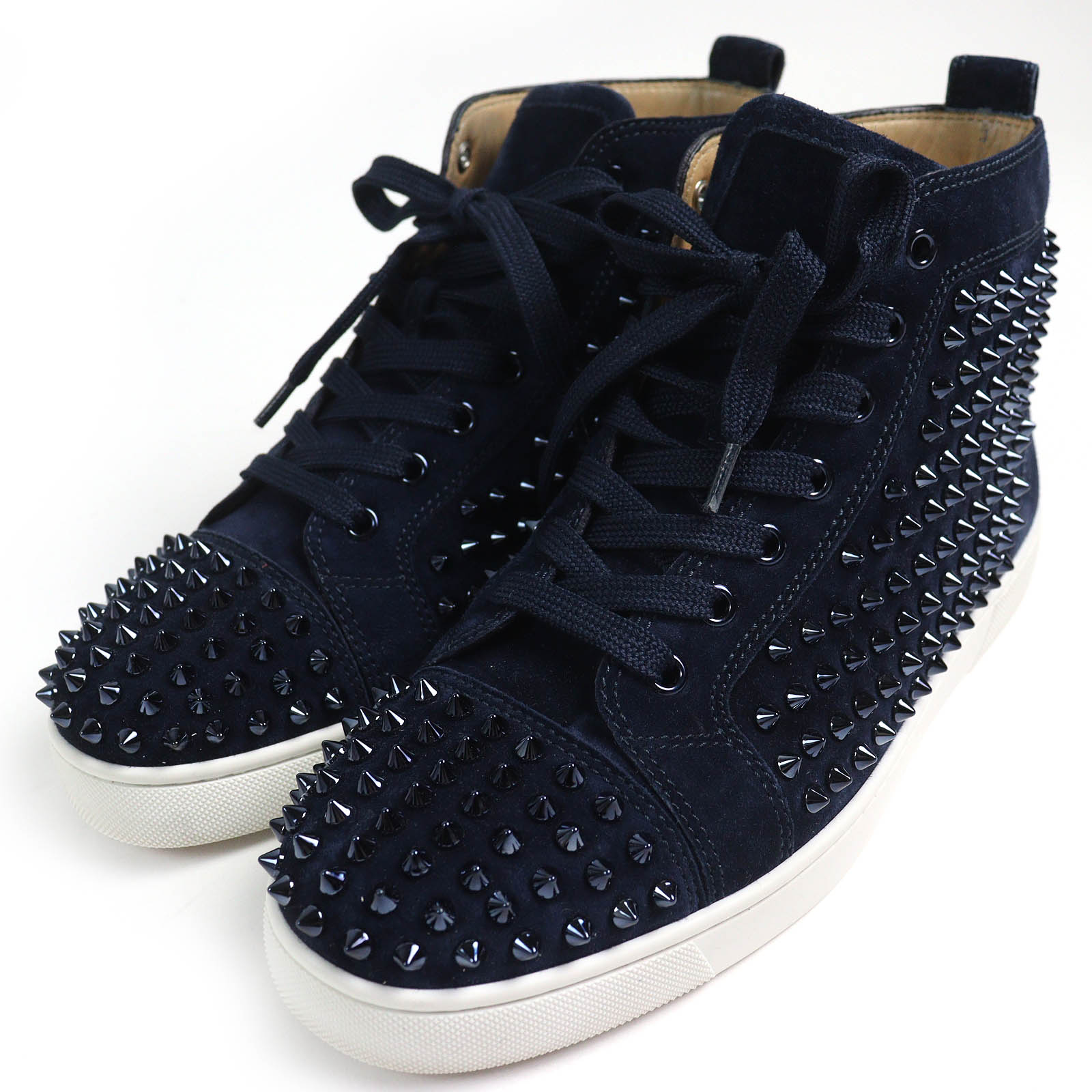 【ドンドン見直し】美品△Christian Louboutin クリスチャンルブタン 3101212 LOUIS FLAT VV/SPIKES ルイスフラット スパイク スウェードレザー ハイカットスニーカー マリン 41 箱・保存袋付き イタリア製 メンズ【中古】