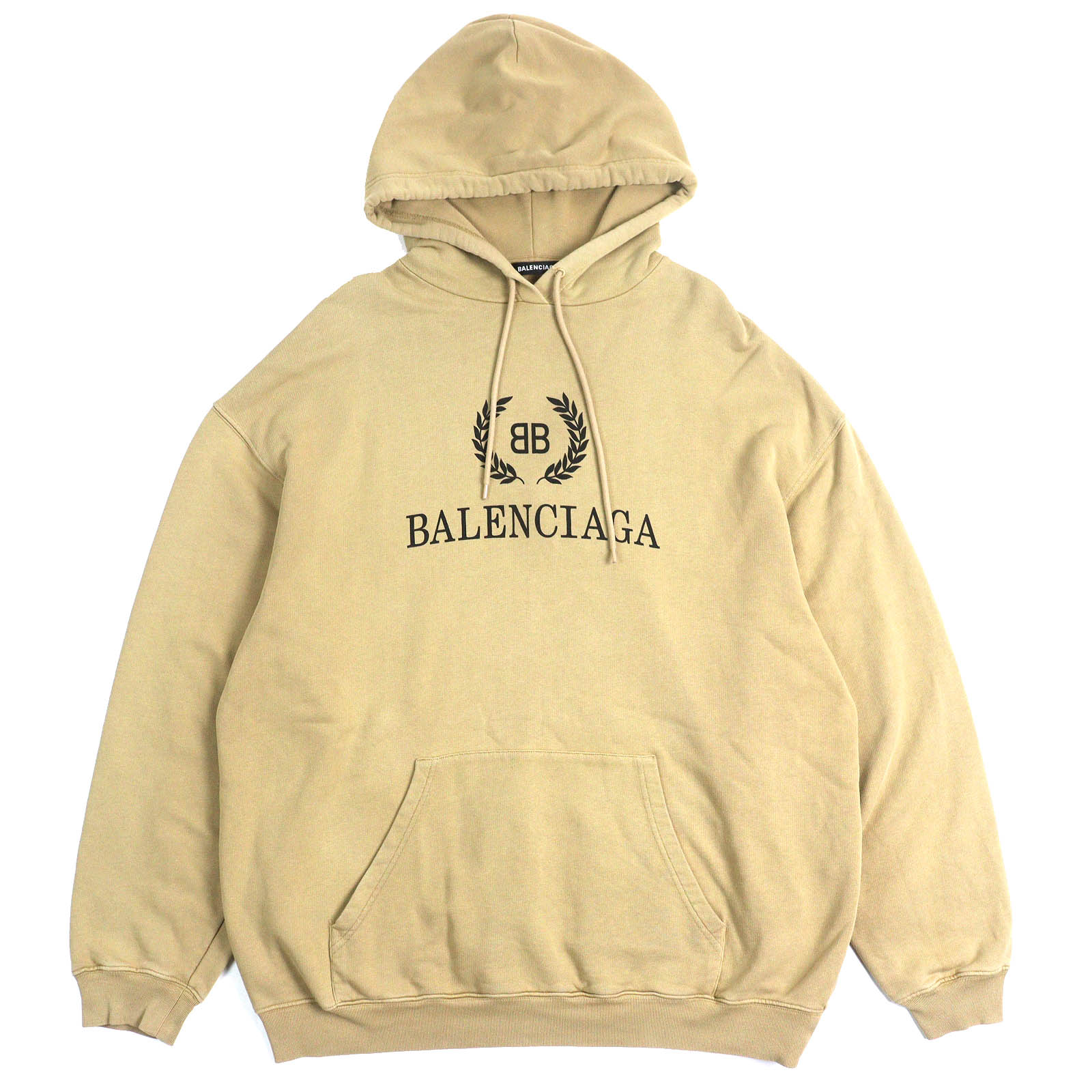 【ドンドン見直し】美品△BALENCIAGA バレンシアガ 578138 コットン100％ ロゴプリント プルオーバー パーカー ベージュ XL 正規品 メンズ【中古】