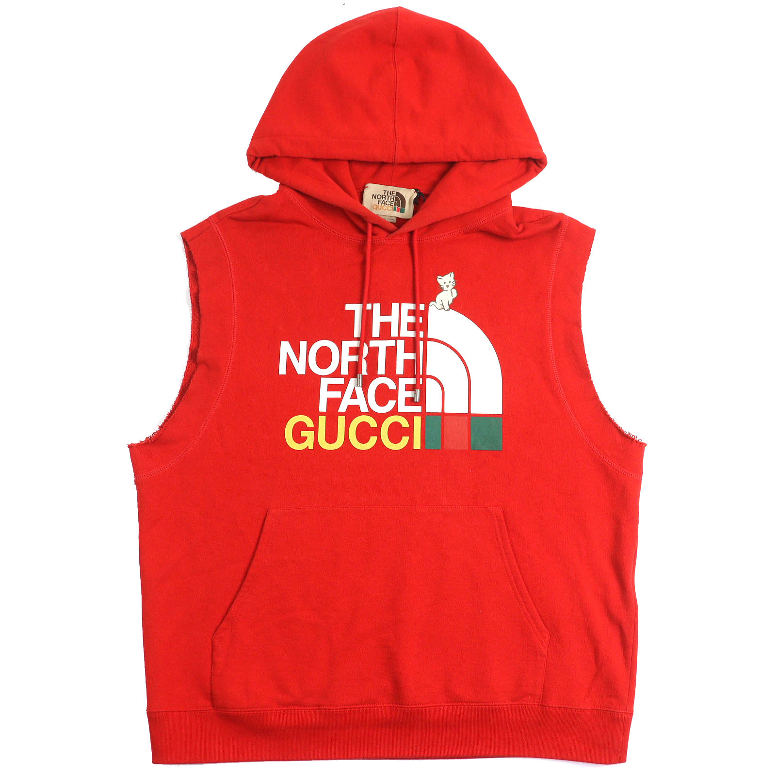 【ドンドン見直し】美品△GUCCI×THE NORTH FACE グッチ×ザ・ノースフェイス 663243 コットン100％ ロゴプリント ノースリーブ パーカー レッド L イタリア製 正規品 メンズ【中古】