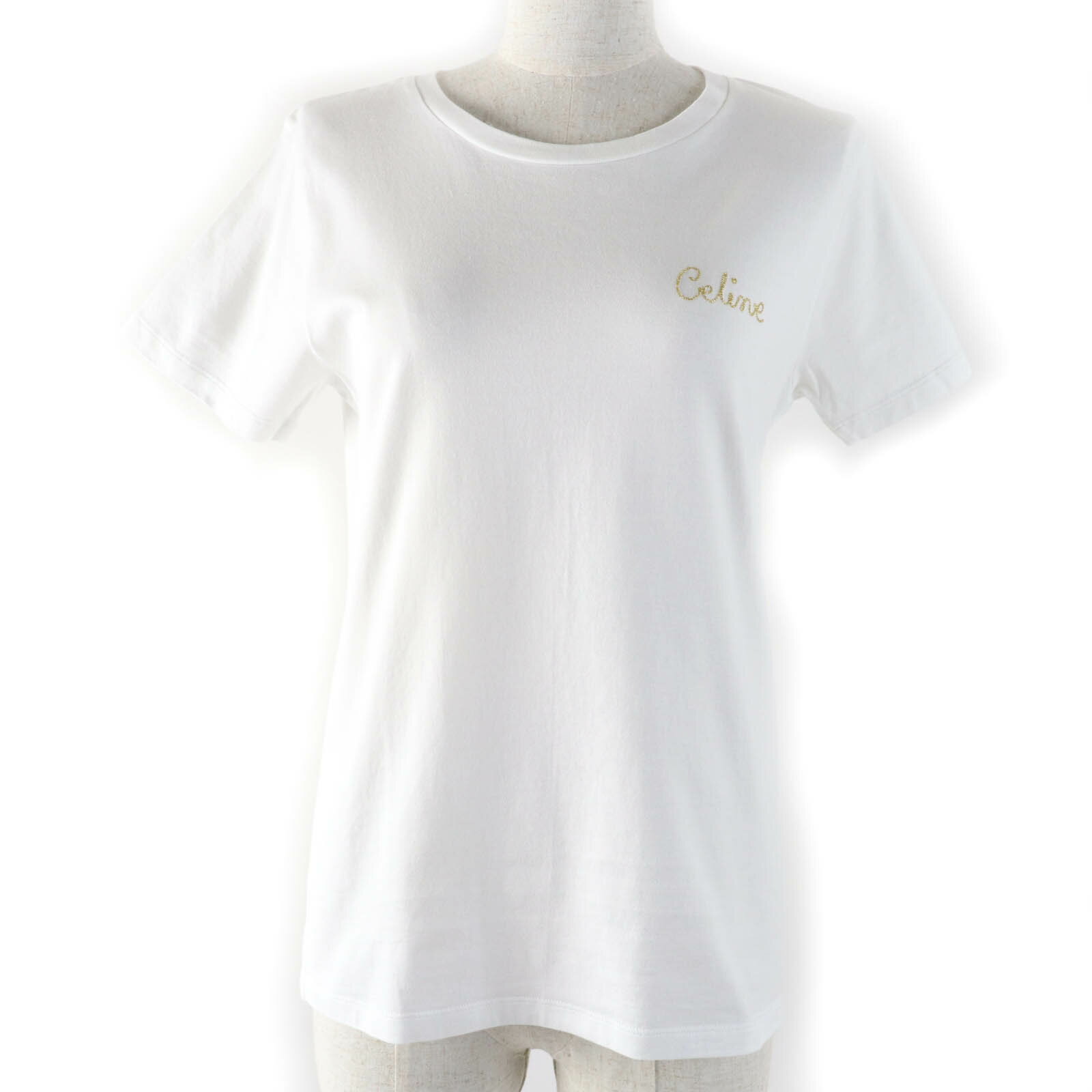 極美品☆CELINE セリーヌ 2X351501F コットン100％ ロゴエンブロイダリー 半袖Tシャツ ホワイト S イタリア製 正規品 レディース【中古】