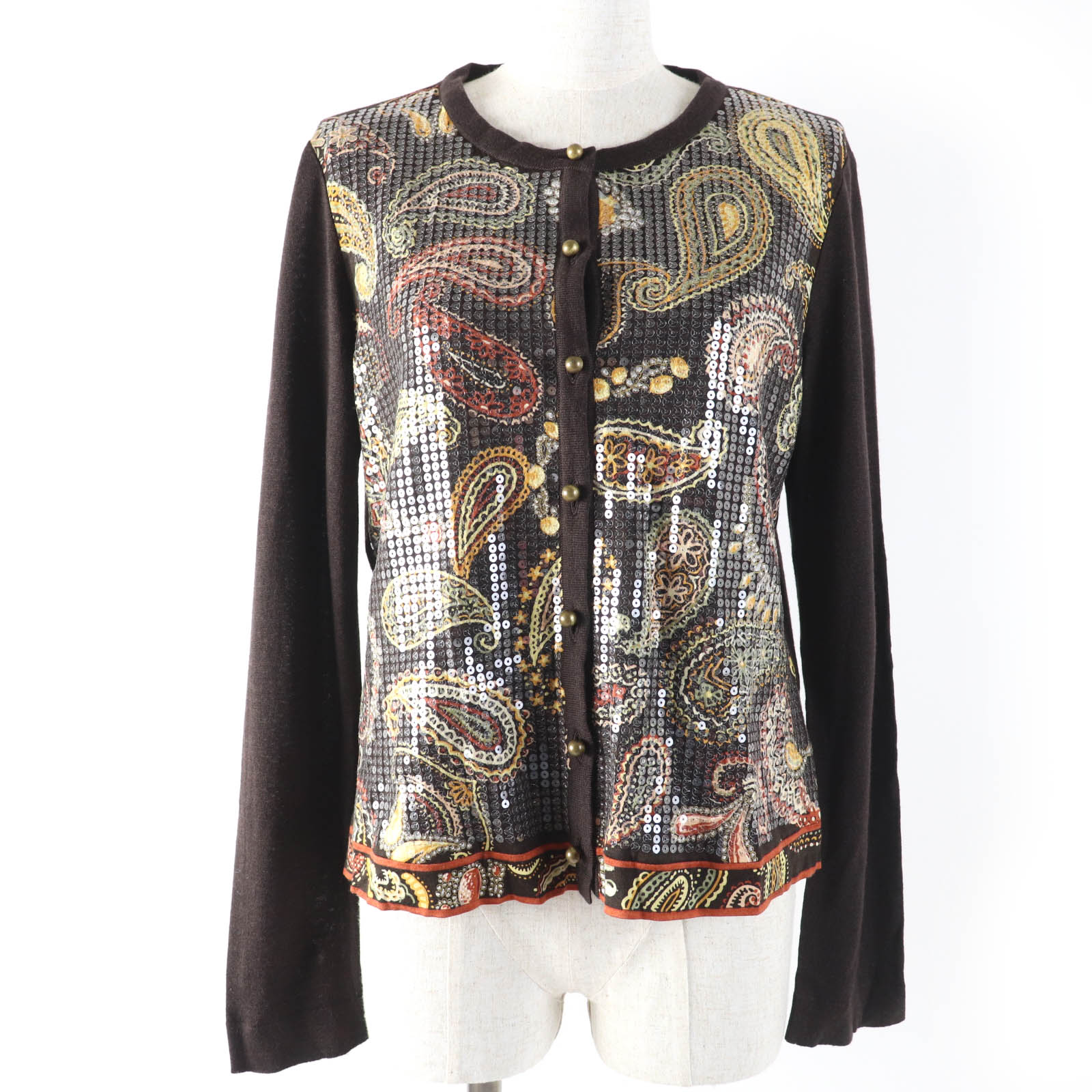 美品☆LEONARD FASHION レオナール ファッション シルク ウール カシミヤ混 スパンコール装飾 ペイズリー柄 長袖 カーディガン ブラウン LL 日本製 レディース【中古】