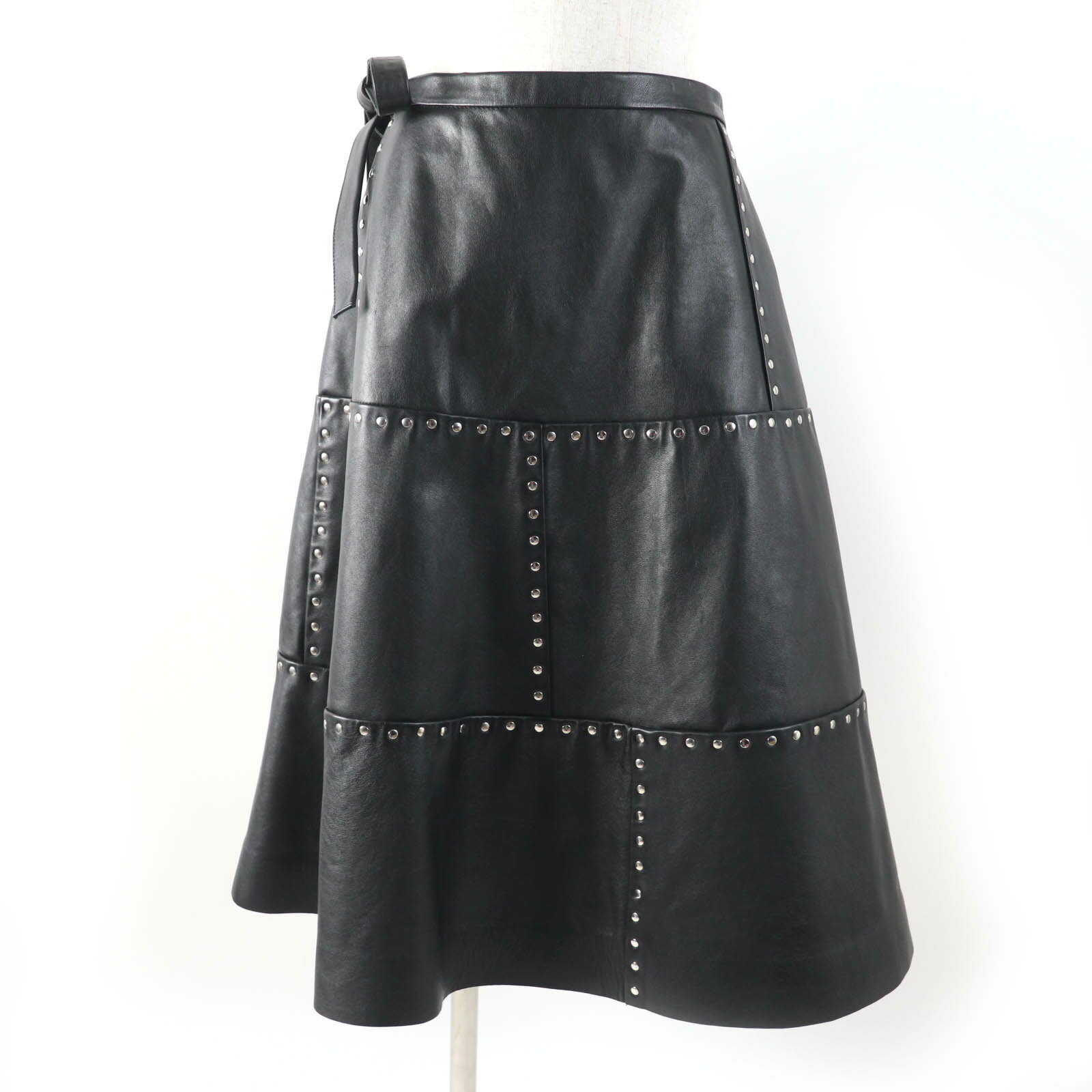未使用品☆BALENCIAGA バレンシアガ 457902 スタッズ付 ロング丈 レザー ラップスカート 巻きスカート ブラック 38 正規品 レディース【中古】