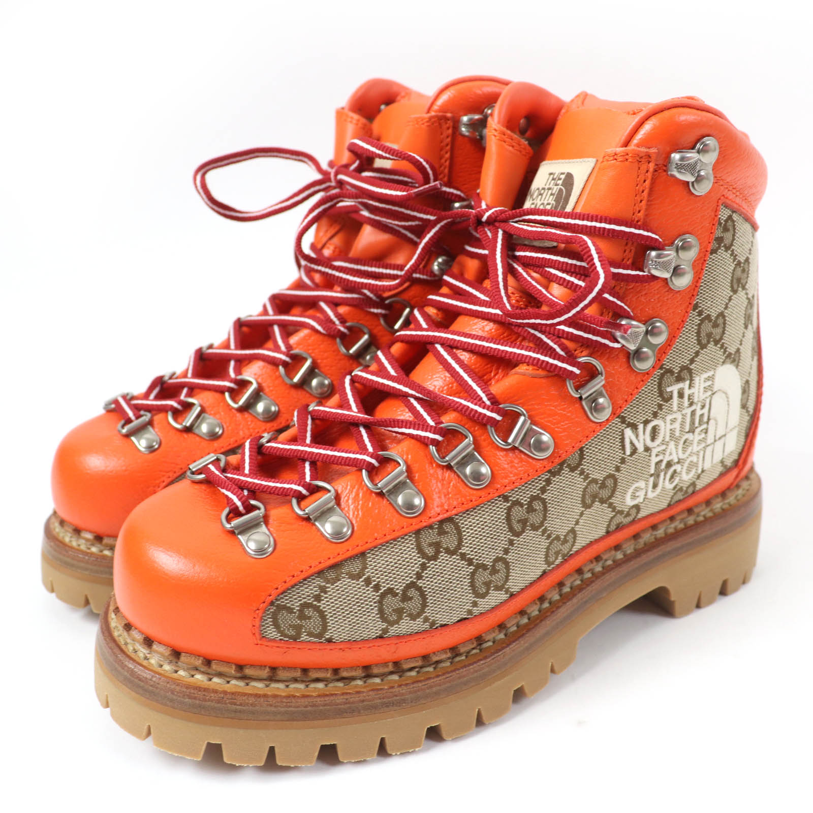 未使用品☆GUCCI×THE NORTH FACE グッチ×ザ・ノースフェイス 679927 GGキャンバス レザー トレッキングブーツ ショートブーツ オレンジ系 38 箱・保存袋付き イタリア製 レディース【中古】