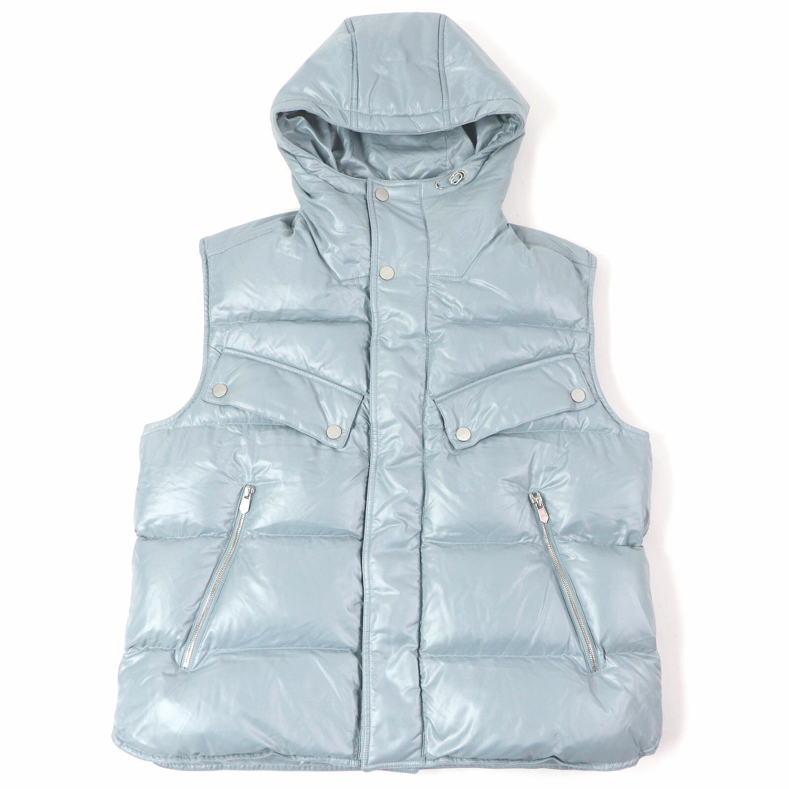 極美品□HERMES エルメス 22AW セリエボタン Hロゴシップ フーデッド ダウンベスト ジレ ライトブルー 50 ハンガー・ガーメント付き イタリア製 正規品 メンズ【中古】