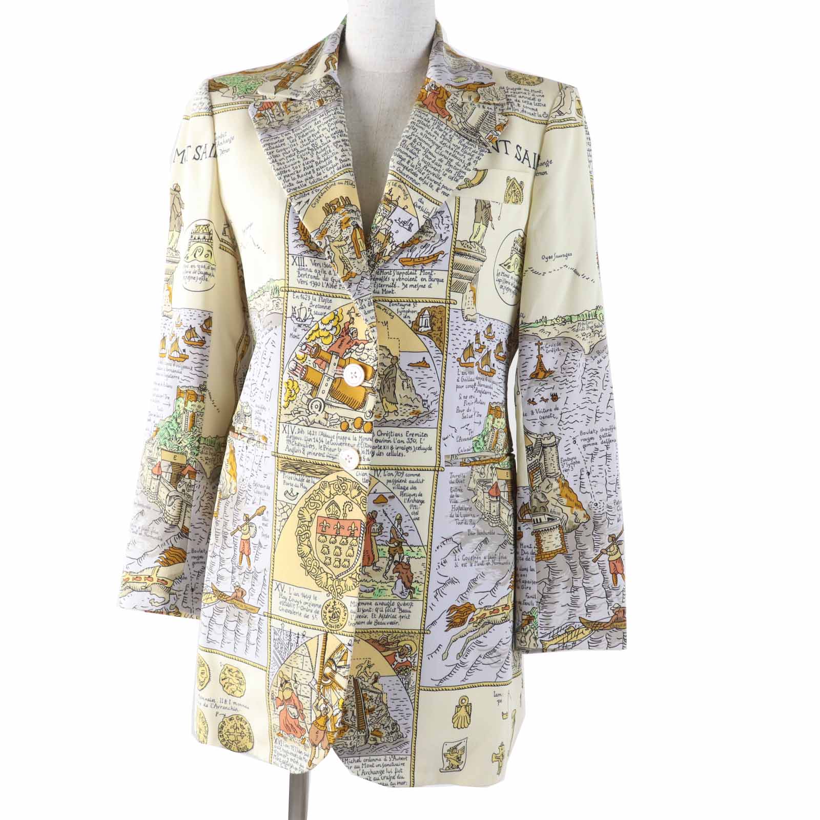 極美品◎HERMES エルメス ヴィンテージ MONT SAINCT MICHEL モンサンミッシェル シルク100％ 希少 ジャケット マルチ アイボリー 36 フランス製 レディース【中古】
