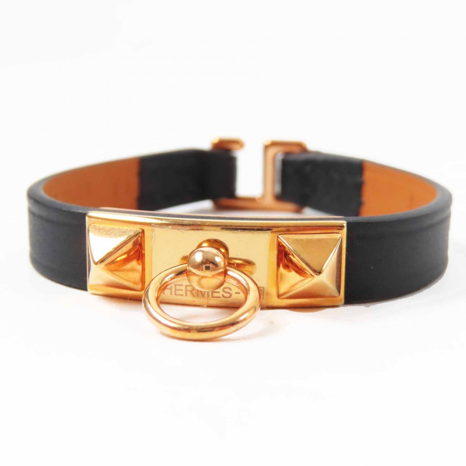 未使用品◎HERMES エルメス マイクロリヴァル メドール ゴールド金具 ブレスレット／バングル レザー GP ブラック T1 B刻印 箱・保存袋付き フランス製 レディース【中古】