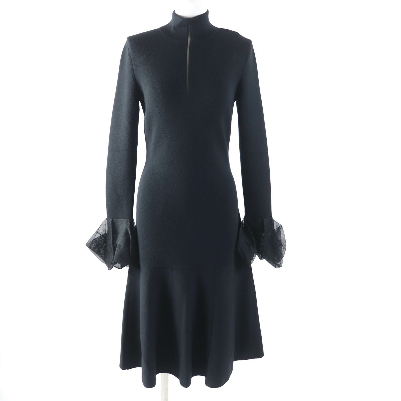 未使用品★AKRIS アクリス シルク混 袖チュール切替 ロング丈 ニットワンピース ドレス ブラック 34 正規品 レディース【中古】