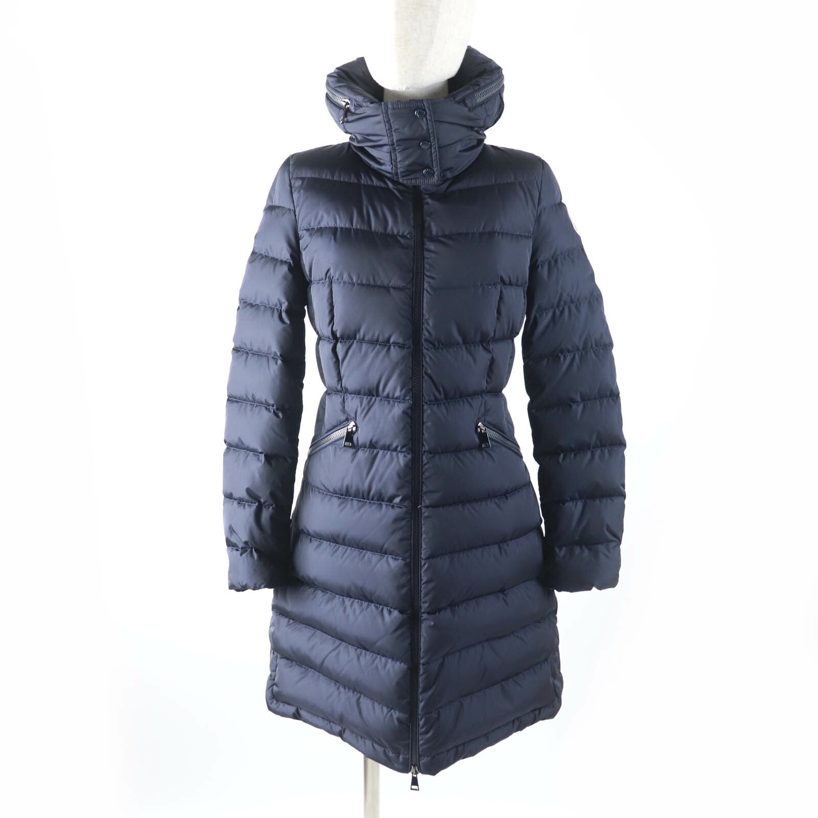 極美品★MONCLER モンクレール FLAMMETTE フード・ロゴワッペン付 ZIP UP ダウンコート ダウンジャケット ネイビー 00 正規品 レディース【中古】