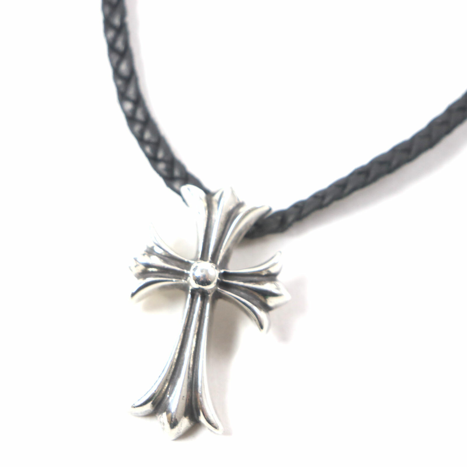 美品▼CHROME HEARTS クロムハーツ スモールCHクロス レザーブレイド Wボロチップ ネックレス SV925 シルバー ブラック 総重量37.1g メンズ【中古】