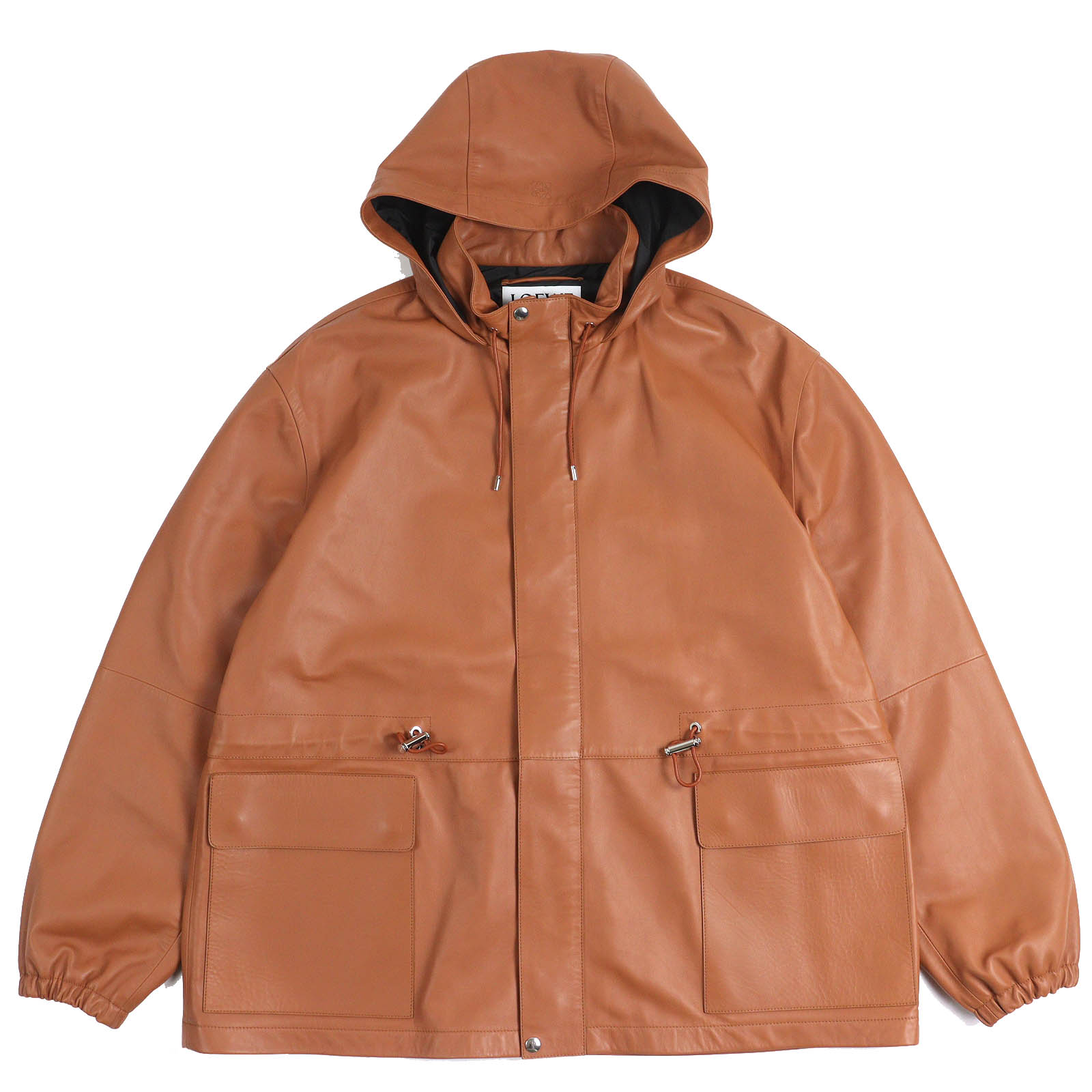 極美品△LOEWE ロエベ H526Y19L21 子羊革 アナグラム フード付き ジップアップ レザージャケット ブラウン 50 スペイン製 正規品 メンズ【中古】