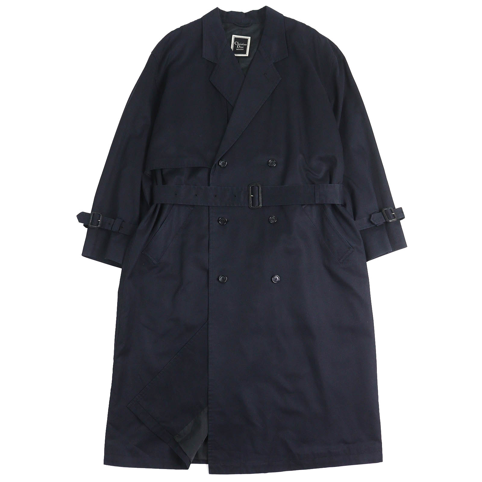 良品△Christian Dior MONSIEUR クリスチャンディオールムッシュ ヴィンテージ コットン100％ ベルト付き ロング トレンチコート ネイビー M メンズ【中古】
