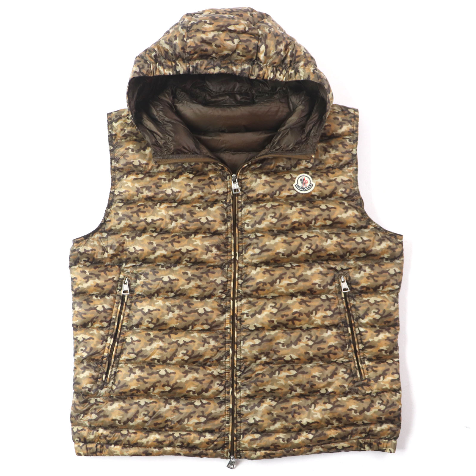 美品▼MONCLER モンクレール PATRICK カモフラ 迷彩柄 ワッペン・フード付き ダブルジップアップ ダウンベスト ブラウン系 3 正規品 メンズ【中古】