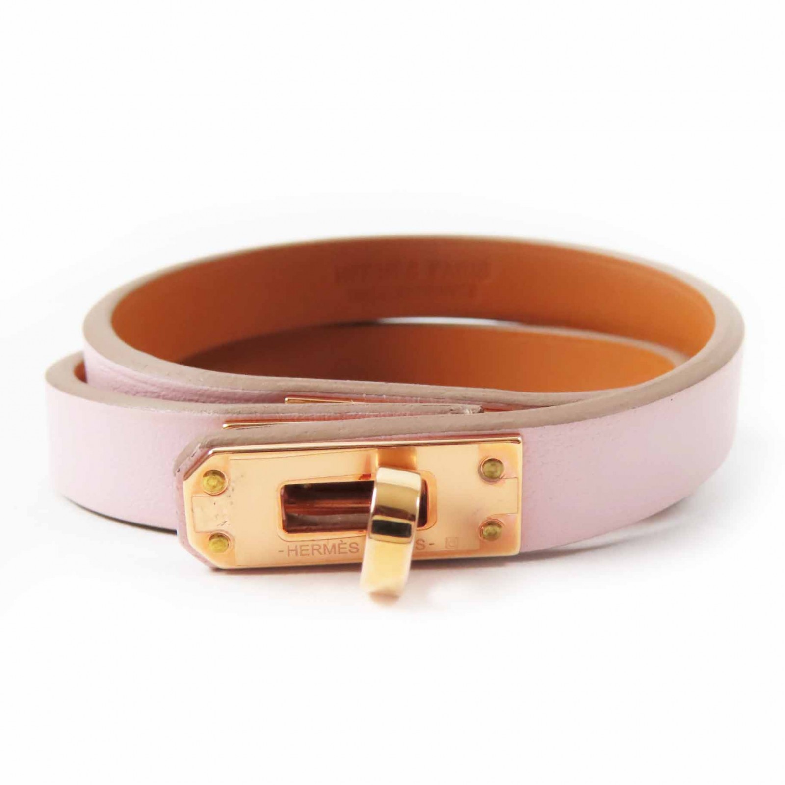 未使用品◎HERMES エルメス ミニケリー ドゥブルトゥール ピンクゴールド金具 バングル／ブレスレット レザー ライトピンク T2 B刻印 箱・保存袋付き フランス製 レディース【中古】