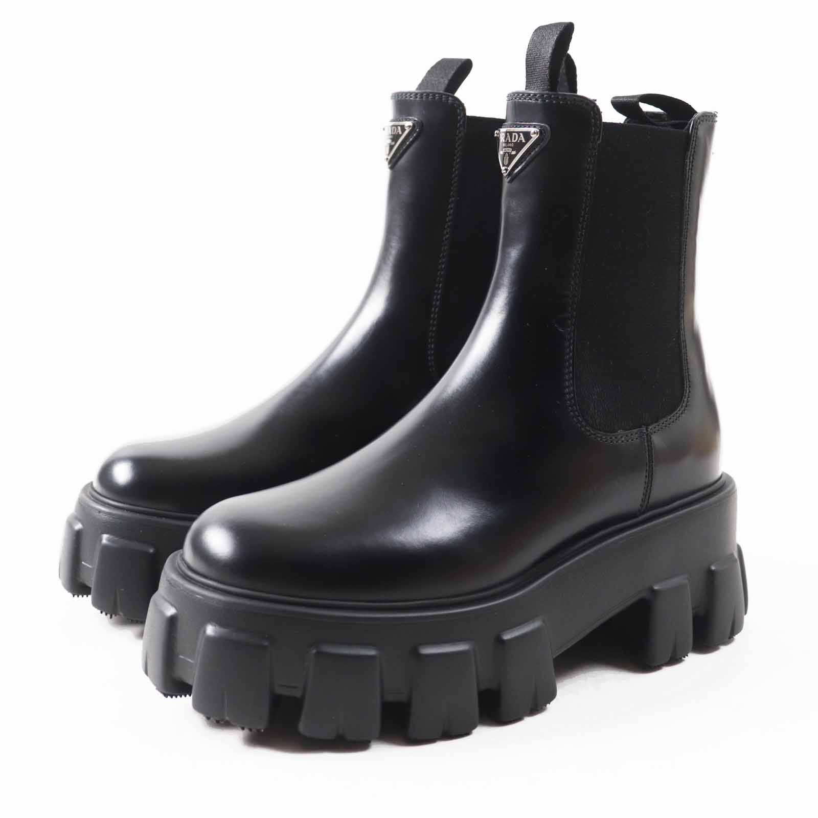 未使用品◎PRADA プラダ 1T256N モノリス トライアングルロゴプレート付き チェルシーブーツ ブラッシュドレザー ブラック シルバー金具 36 箱・保存袋付き イタリア製 正規品 レディース【中古】