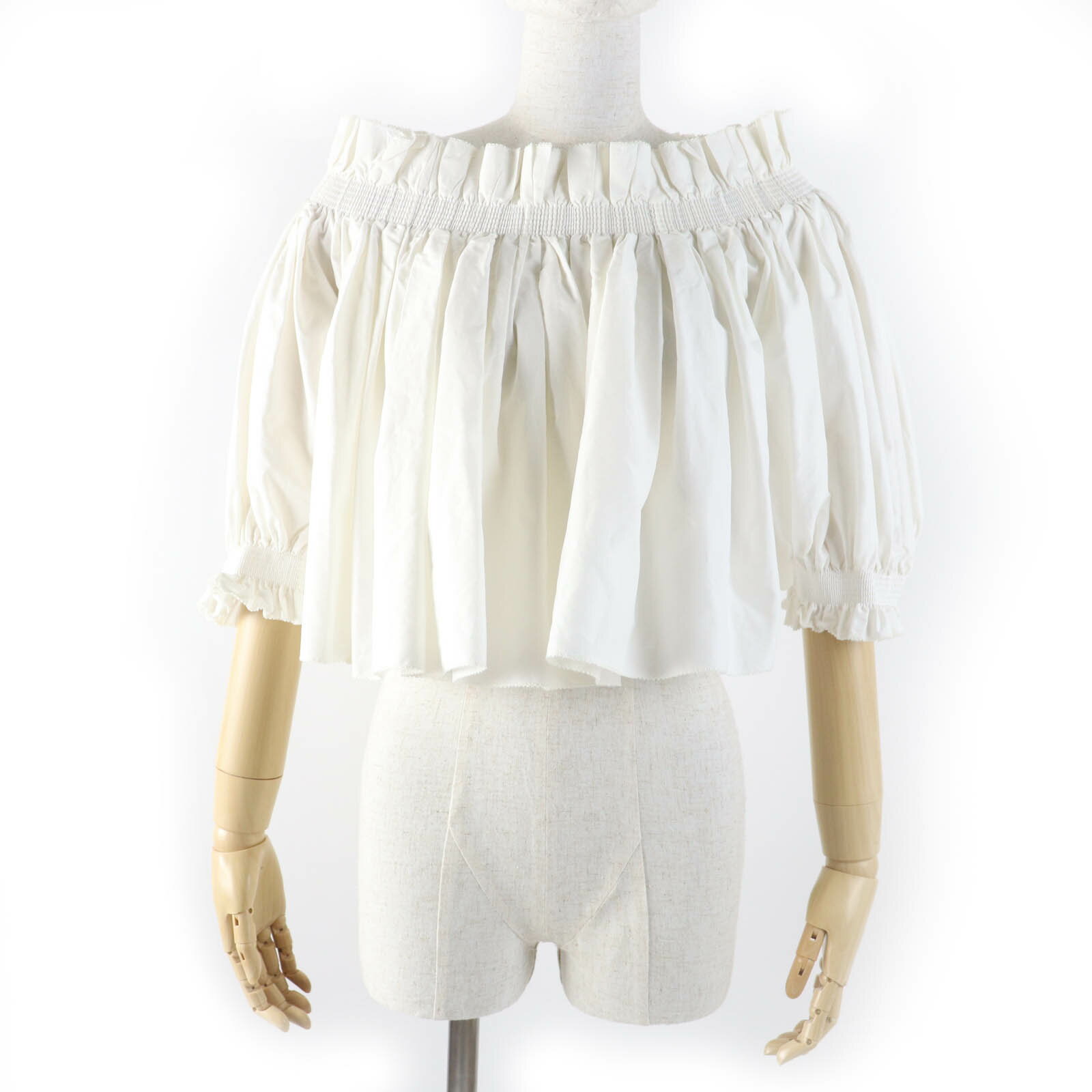 極美品☆Christian Dior クリスチャンディオール 311B10A3124 コットン シルク オフショルダー スモックトップ トップス アイボリー 40 イタリア製 正規品 レディース【中古】