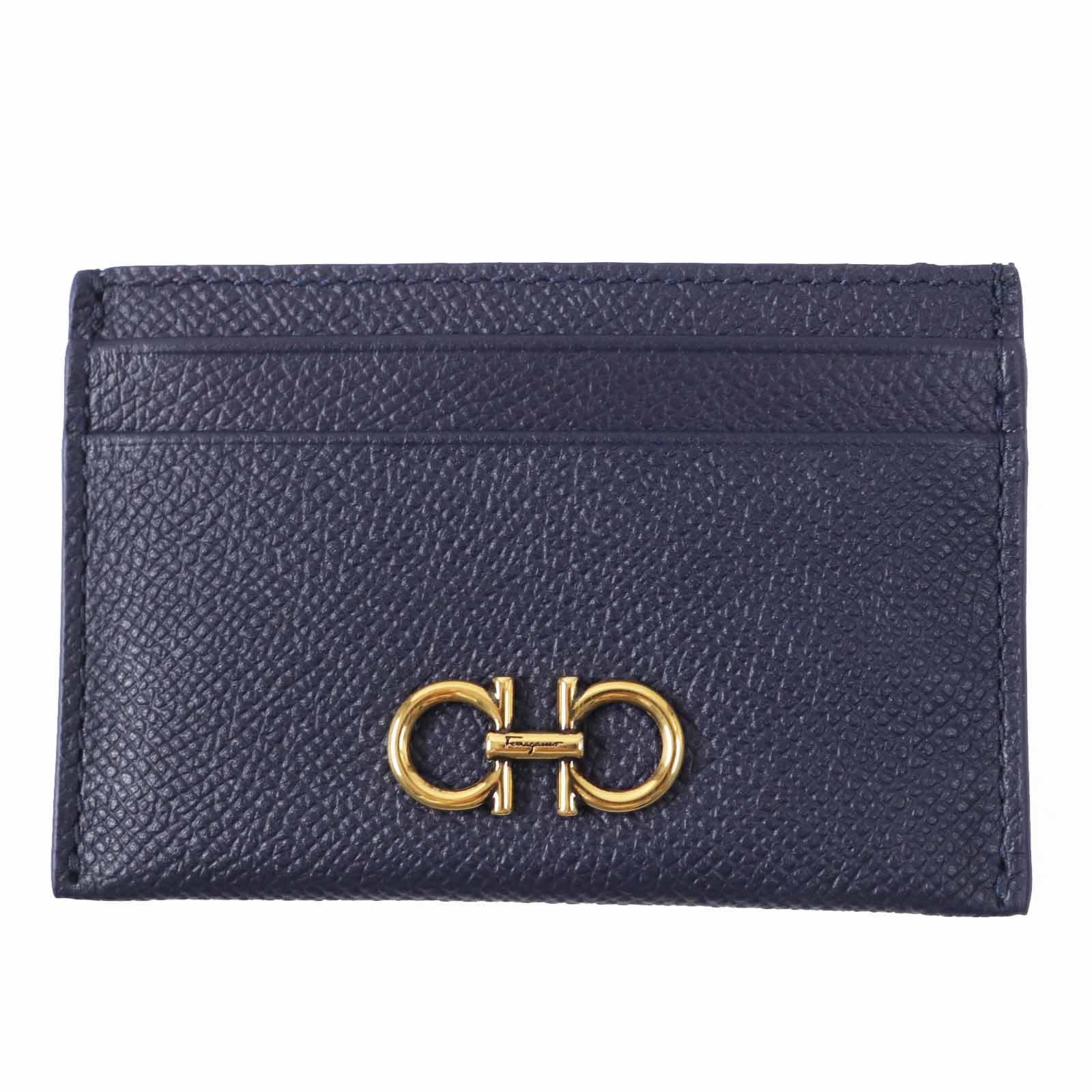 極美品◎Salvatore Ferragamo サルヴァトーレフェラガモ DP-220007 ダブルガンチーニ金具 レザー パスケース／カードケース ミッドナイト ゴールド金具 箱付き イタリア製 レディース【中古】