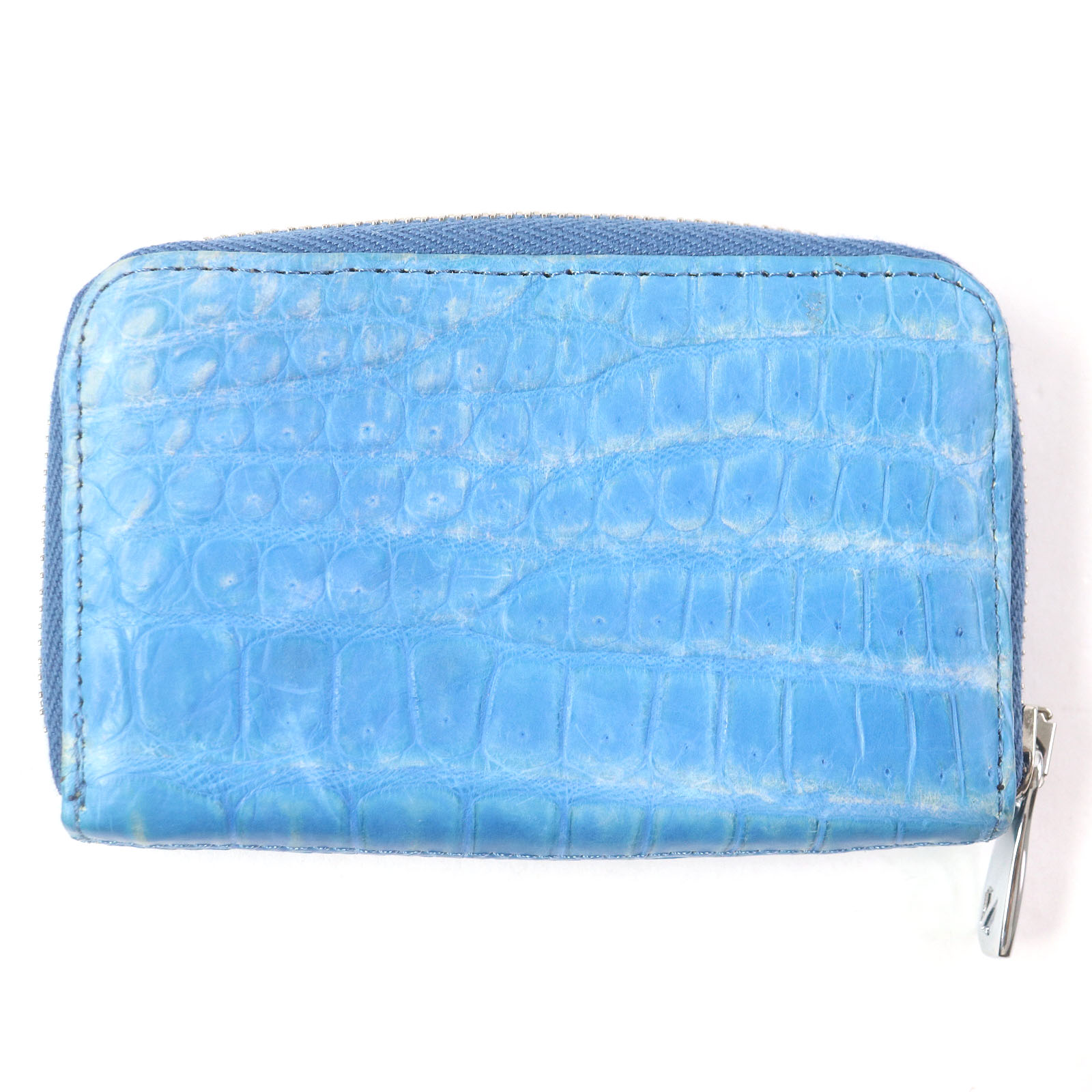 良品□ZELE PARIS ゼルパリ ロゴ刻印 ラウンドファスナー コンパクトウォレット 小銭入れ クロコダイル コインケース ブルー 箱付き メンズ【中古】