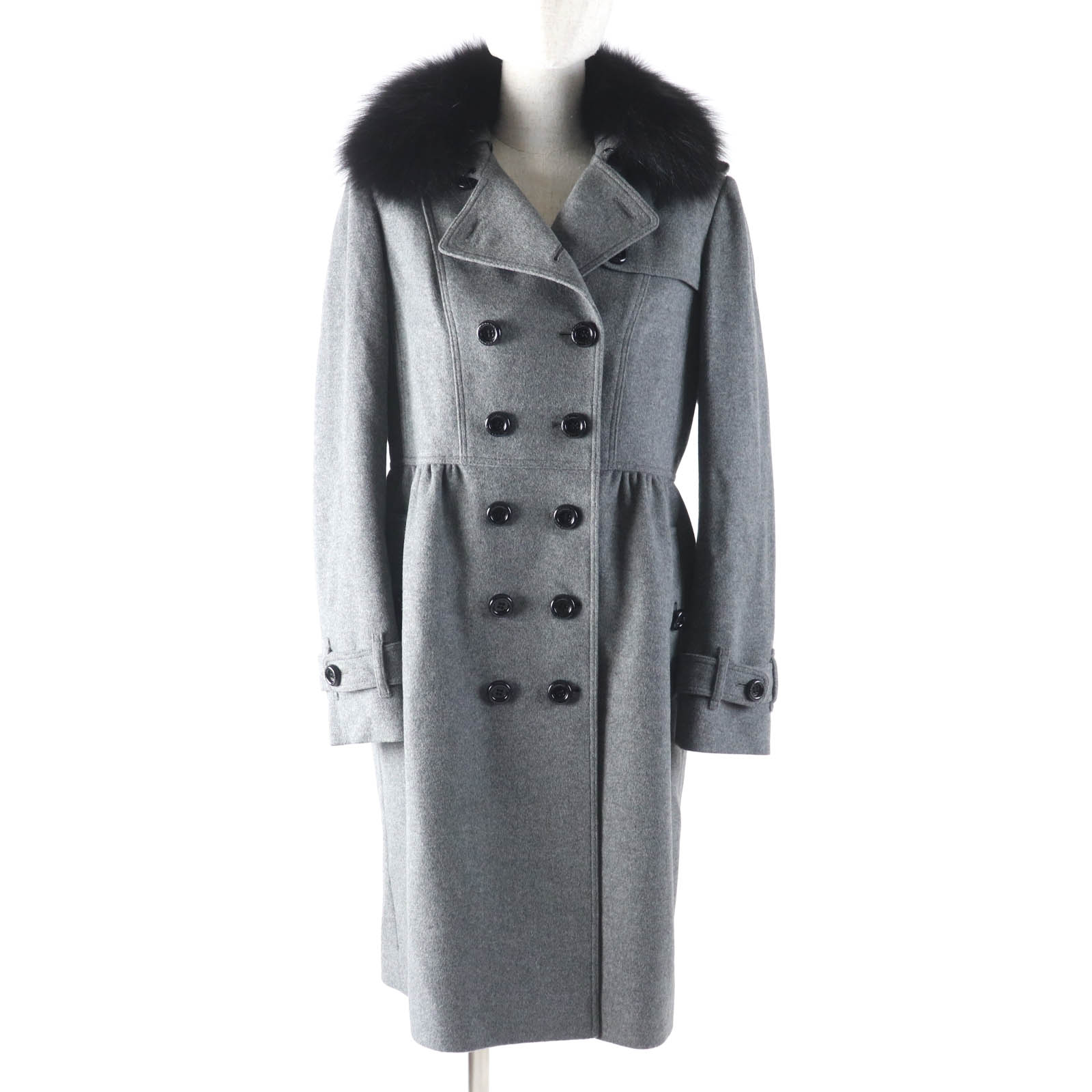 極美品★BURBERRY LONDON バーバリーロンドン カシミヤ混 ロゴボタン付 襟元FOXファー 裏地チェック柄 コート グレー ブラック 42 正規品 レディース【中古】