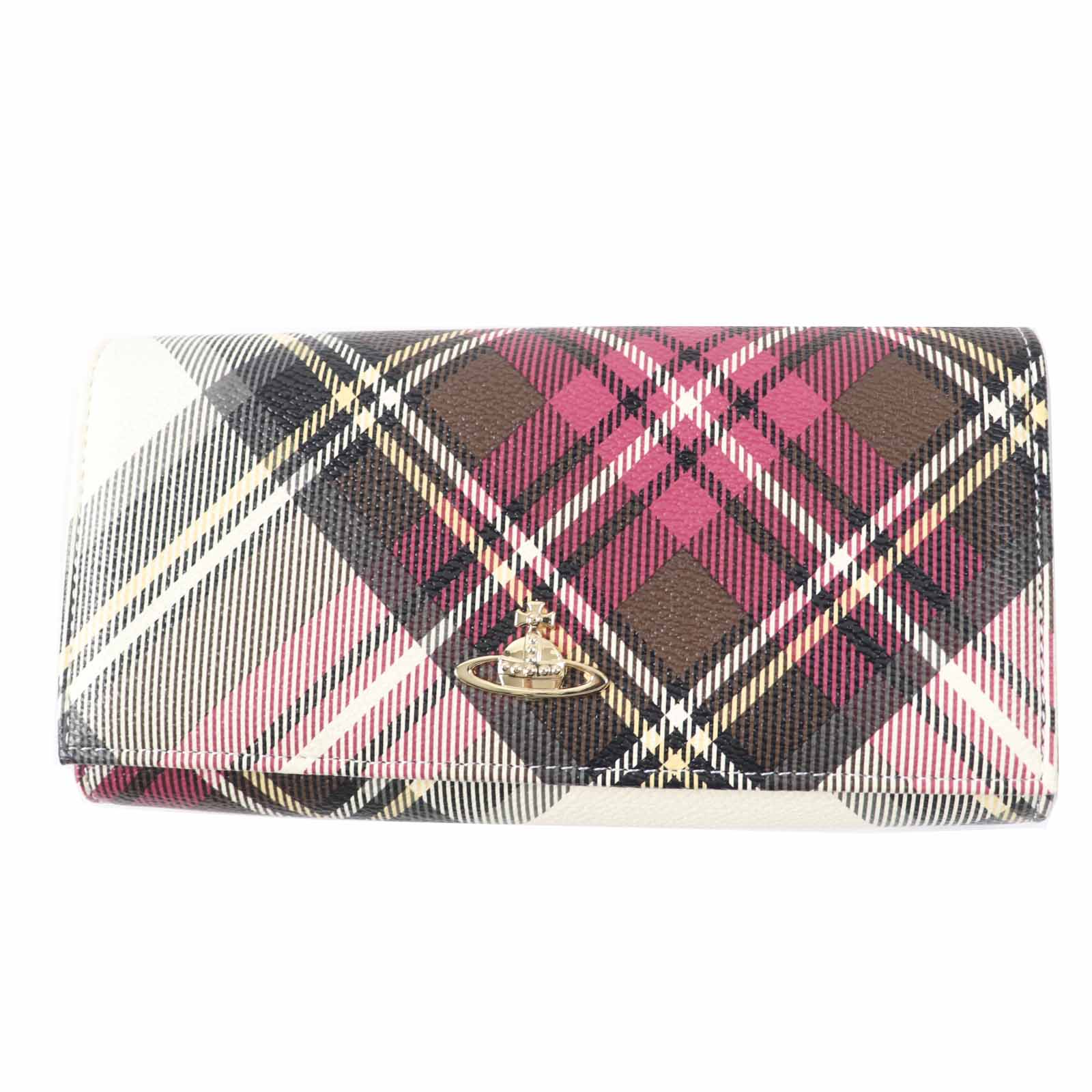 未使用品◎Vivienne Westwood ヴィヴィアンウエストウッド オーブ金具 チェック柄 レザー ロングウォレット 長財布 マルチ ゴールド金具 箱付き イタリア製 レディース【中古】