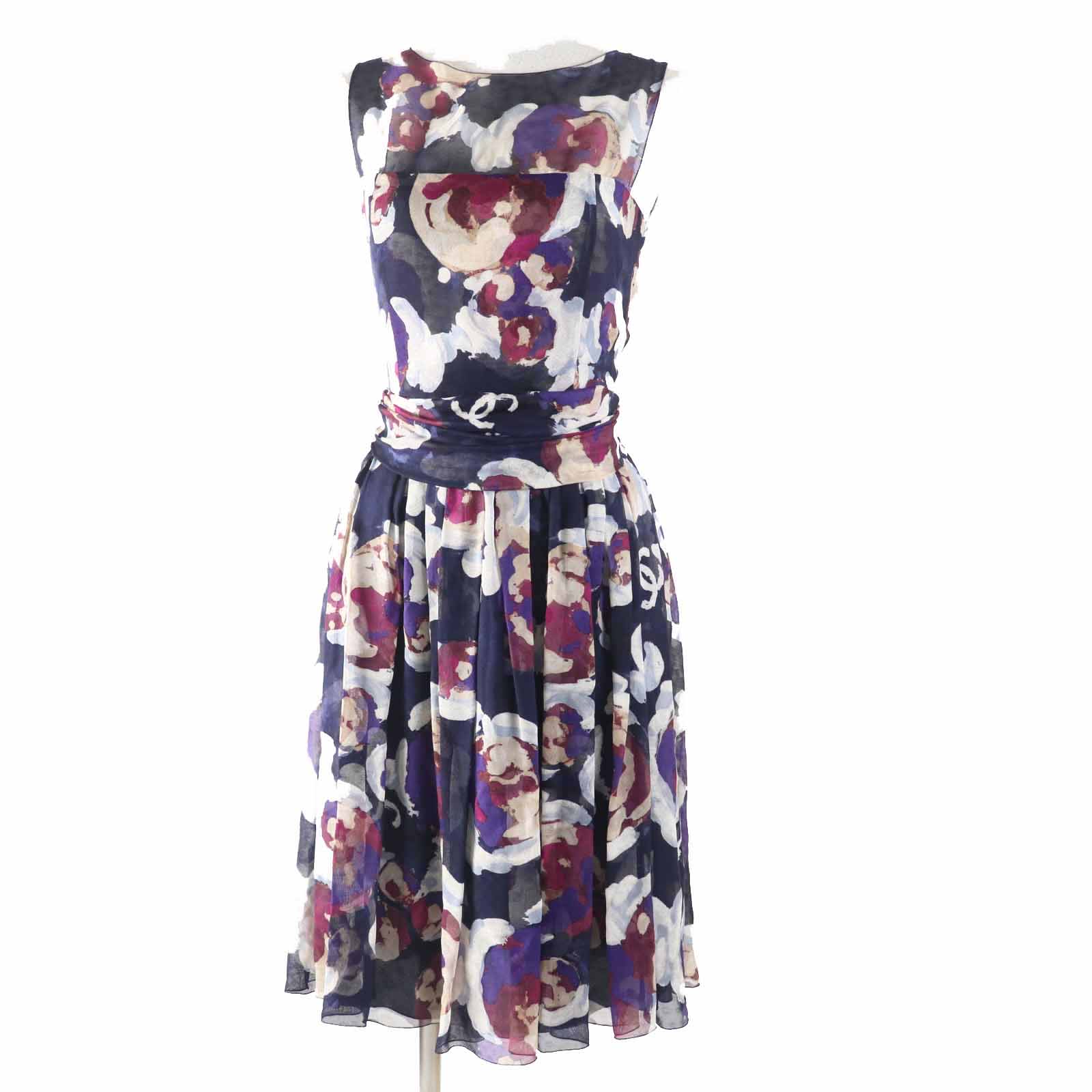 極美品◎CHANEL シャネル P37299 シルク100％ ココマーク カメリア 一部シースルー シフォン生地 ノースリーブ ワンピース マルチ 34 フランス製 レディース【中古】
