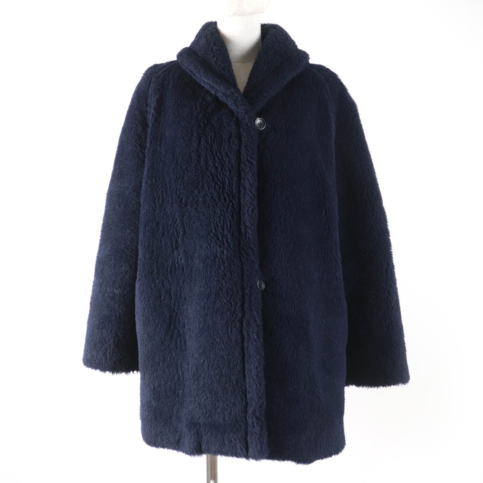 極美品☆Max Mara マックスマーラ 108608036 20AW アルパカ ウール シルク混 白タグ テディベア コート ダークネイビー 40 イタリア製 正規品 レディース【中古】