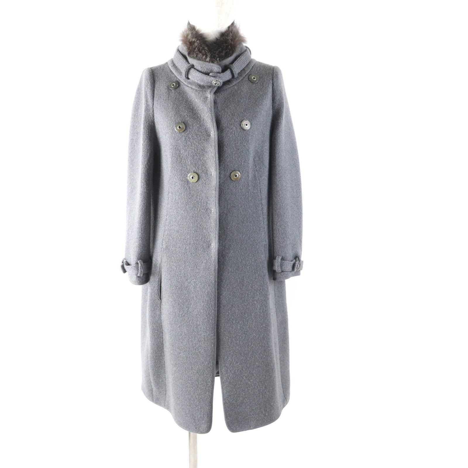 美品★Brunello Cucinelli ブルネロクチネリ カシミヤ100％ 襟元マーモットファー付 ボタンデザイン ニットコート グレー 44 イタリア製 正規品 レディース【中古】