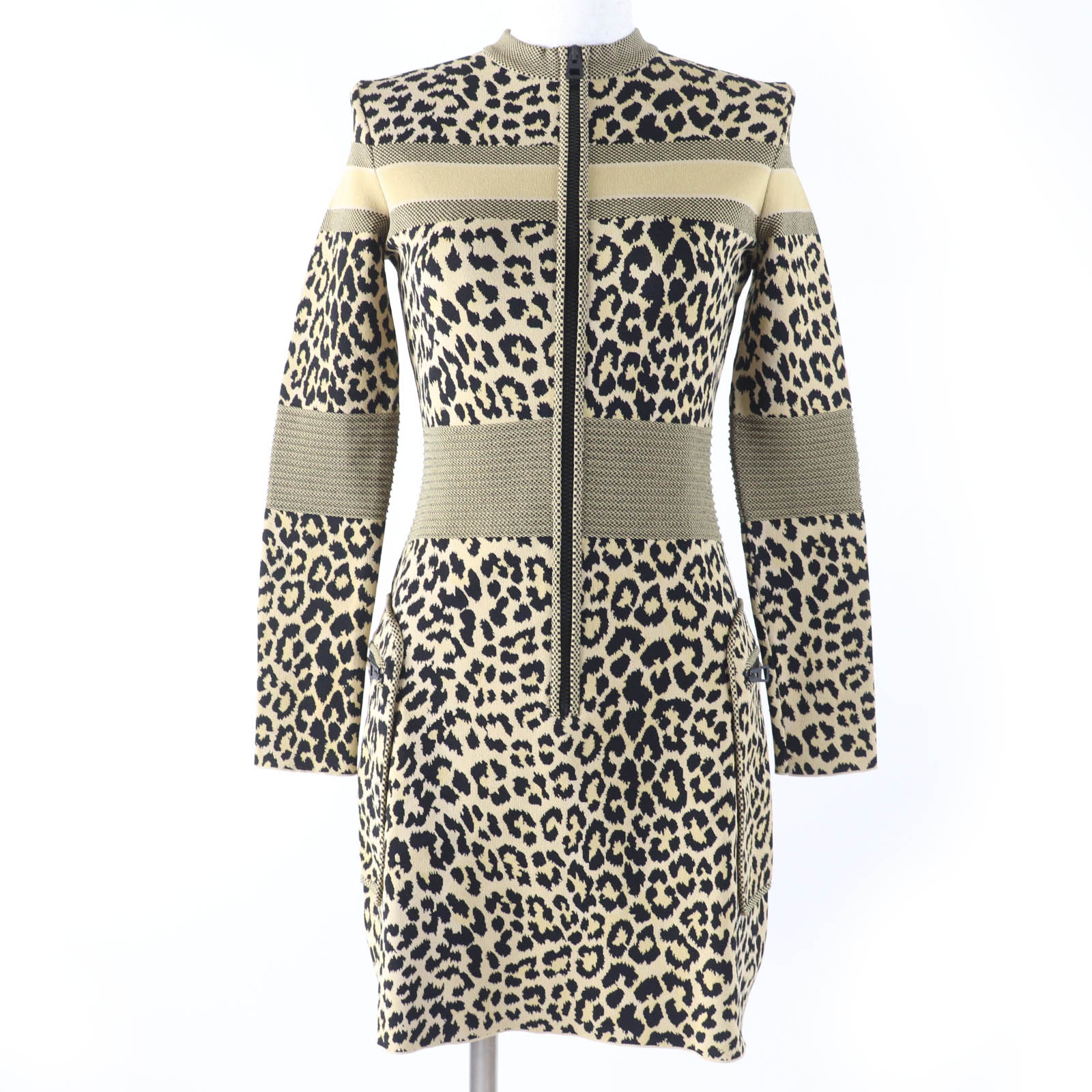 極美品☆Christian Dior クリスチャンディオール 21AW 144R03AM530 ヒョウ柄 レオパード柄 長袖 ハーフZIP ニット ワンピース ブラウン 40 イタリア製 正規品 レディース【中古】