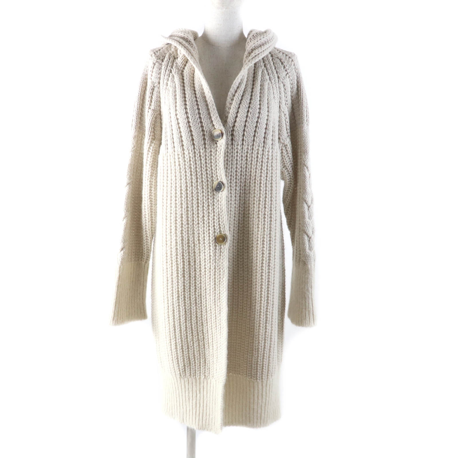 美品★FABIANA FILIPPI ファビアナ フィリッピ MAD222W079 モヘア アルパカ混 フード・ロゴボタン付 ロングカーディガン ベージュ 40 イタリア製 正規品 レディース【中古】