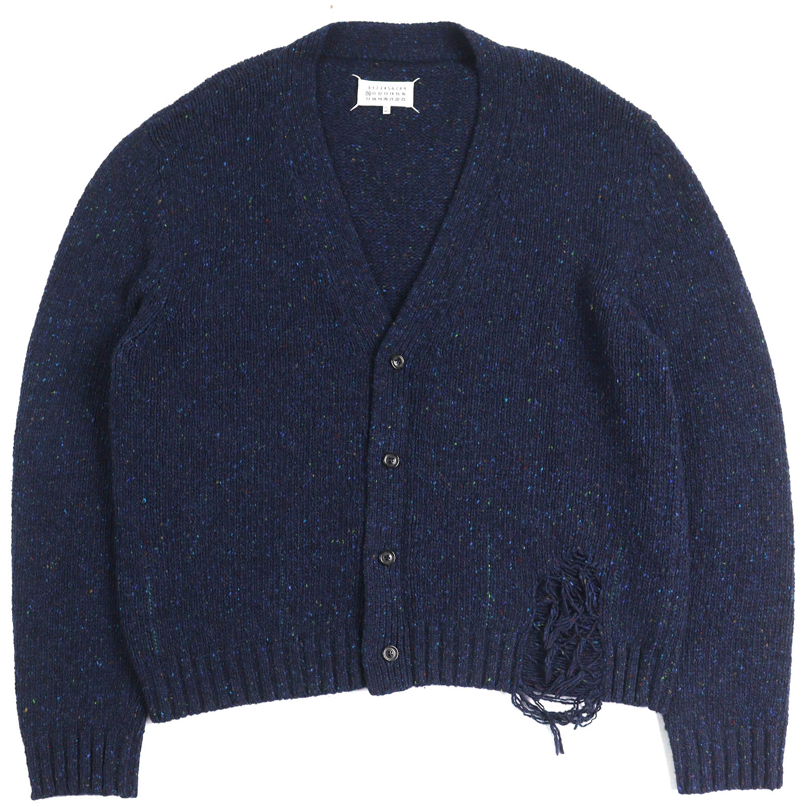 極美品△Maison Margiela 10 メゾンマルジェラ10 20AW S50GP0173 デストロイヘムカーディガン Vネック 長袖 ウール ニット カーディガン ネイビー XL 正規品 メンズ【中古】