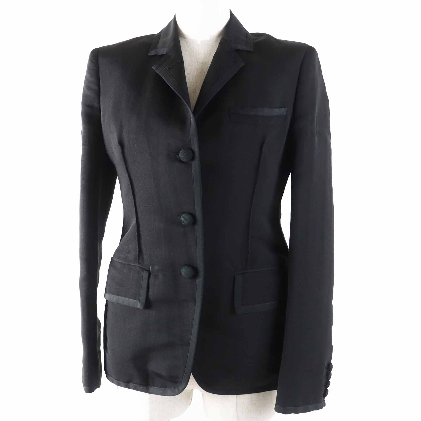 美品◎THOM BROWNE トムブラウン シルク100％ 裏地マルチストライプ柄 ジャケット ブラック 1 イタリア製 正規品 レディース【中古】