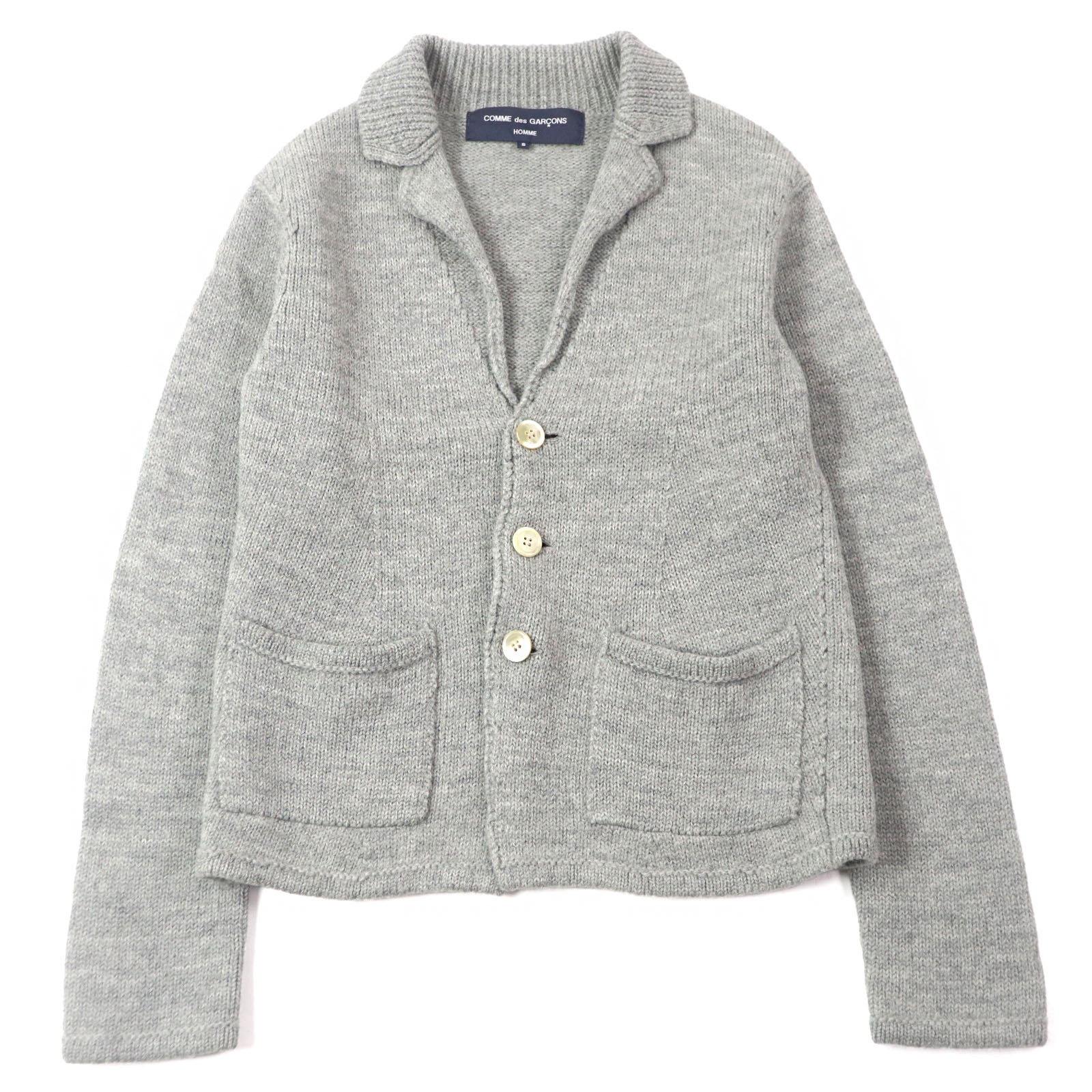 美品○COMME des GARCONS HOMME コムデギャルソンオム HD-N107 ウール100% AD2009 デカオムタグ ニットジャケット カーディガン グレー S 日本製 正規品 メンズ【中古】