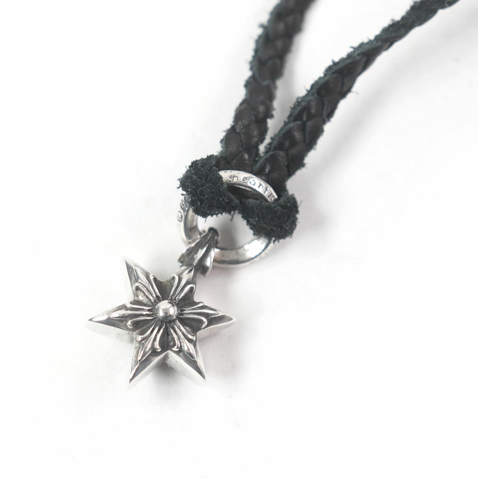 美品□CHROME HEARTS クロムハーツ タイニーレザー ブレード スクロール 6ポイントスターチャーム オールドラージ ネックレス SV925 ブラック シルバー 保存袋付き 総重量22.1g メンズ【中古】