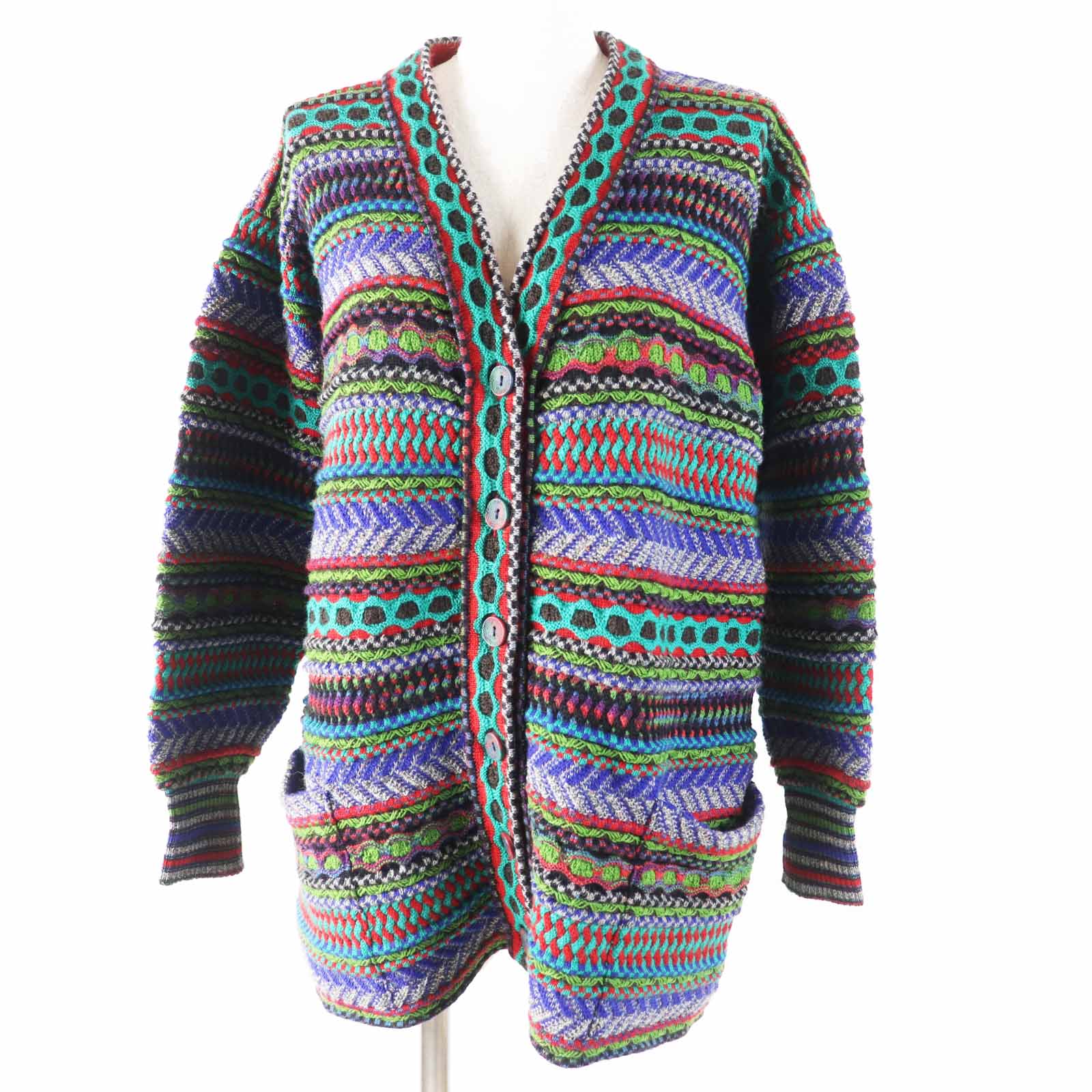 極美品◎Missoni ミッソーニ ウール 立体織柄 デザインボタン付き 長袖 ニット カーディガン マルチ S イタリア製 レディース【中古】