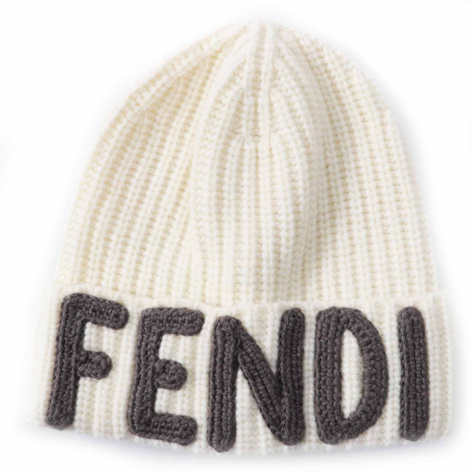 極美品◎FENDI フェンディ FXQ900 ウール ロゴ入り ニット帽／ニットキャップ アイボリー グレー S／M 保存袋付き イタリア製 正規品 レディース【中古】