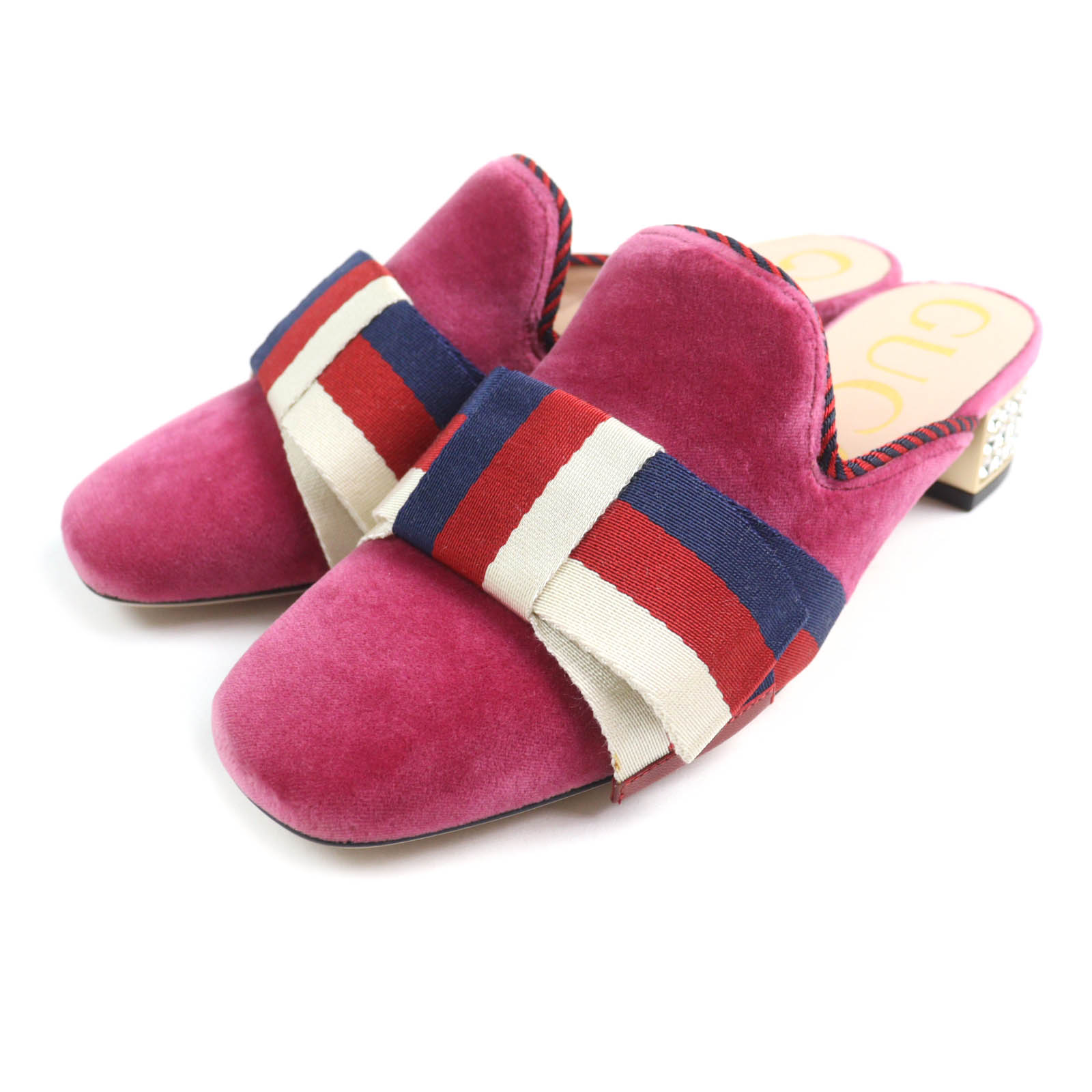 未使用品★GUCCI グッチ 496562 ウェブリボン ビジュー付 スクエアトゥ ベロア ミュール サンダル ピンク 35 箱・保存袋付き イタリア製 正規品 レディース【中古】
