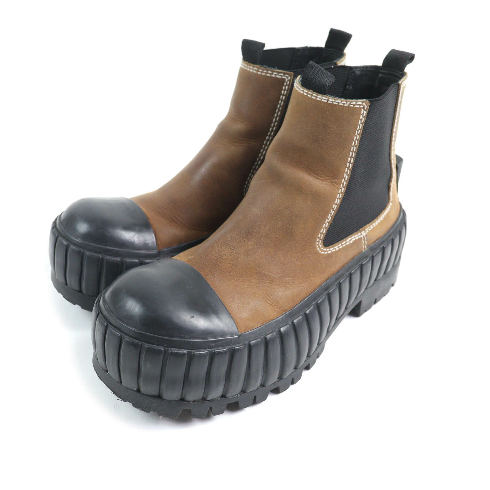 美品★MM6 Maison Margiela エムエムシックス メゾンマルジェラ 2022年製 S59WU0211 コントラストステッチ レザー アンクルブーツ ブラウン 37 箱・保存袋付き レディース【中古】
