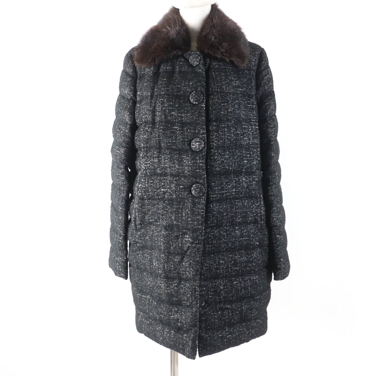極美品☆MONCLER モンクレール SEYNET ウール 襟ミンクファー・タグ付 ツイード ダウンコート ブラック 2 レディース【中古】