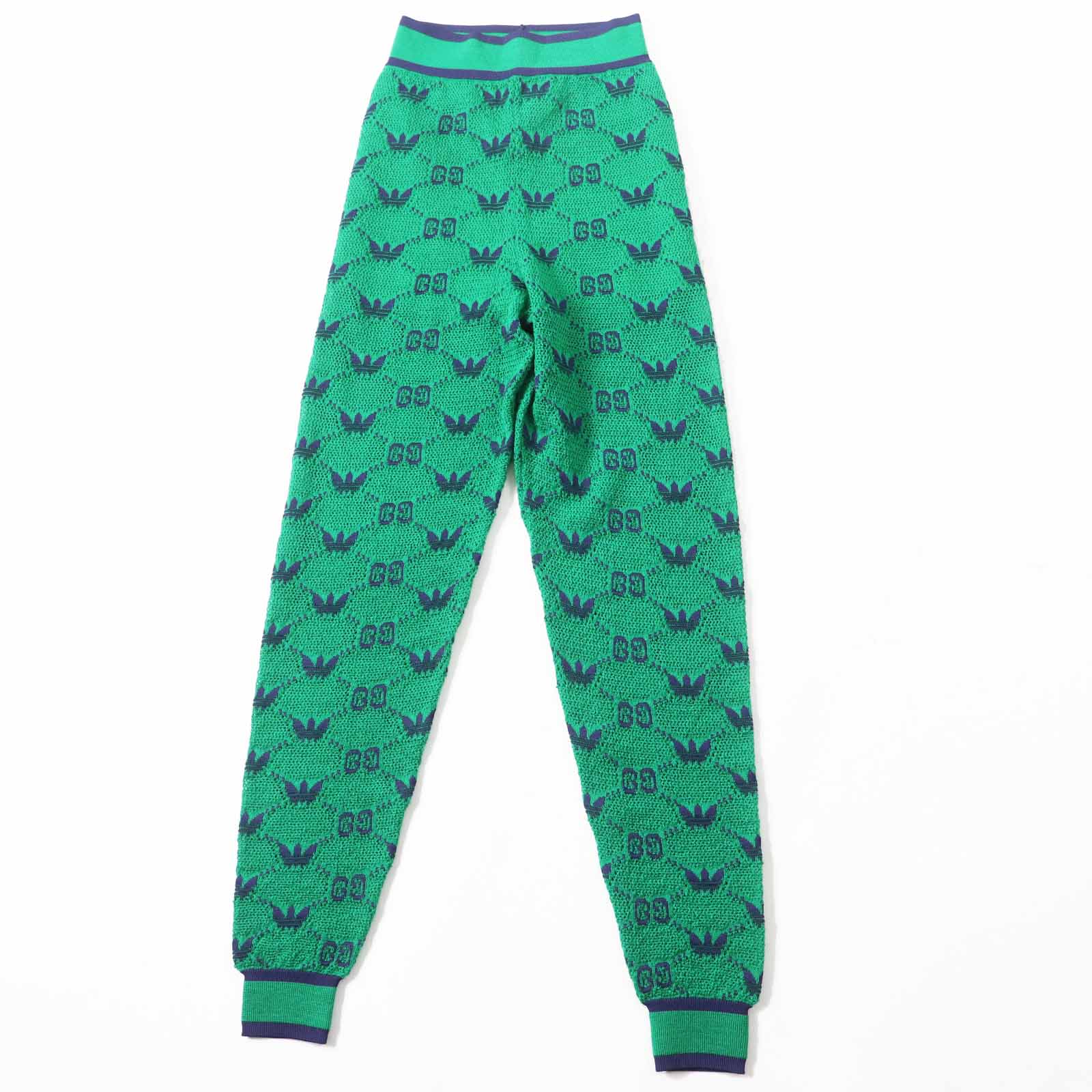 極美品◎GUCCI×adidas グッチ×アディダス 693830 GG トレフォイル ウールジャガードジョガーパンツ グリーン ブルー XS イタリア製 正規品 レディース【中古】