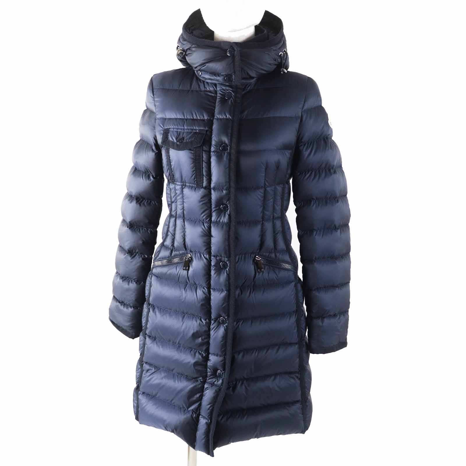 美品◎MONCLER モンクレール HERMINE エルミンヌ 美シルエット フード・ワッペン付き ロングダウンコート ネイビー 00 正規品 レディース【中古】