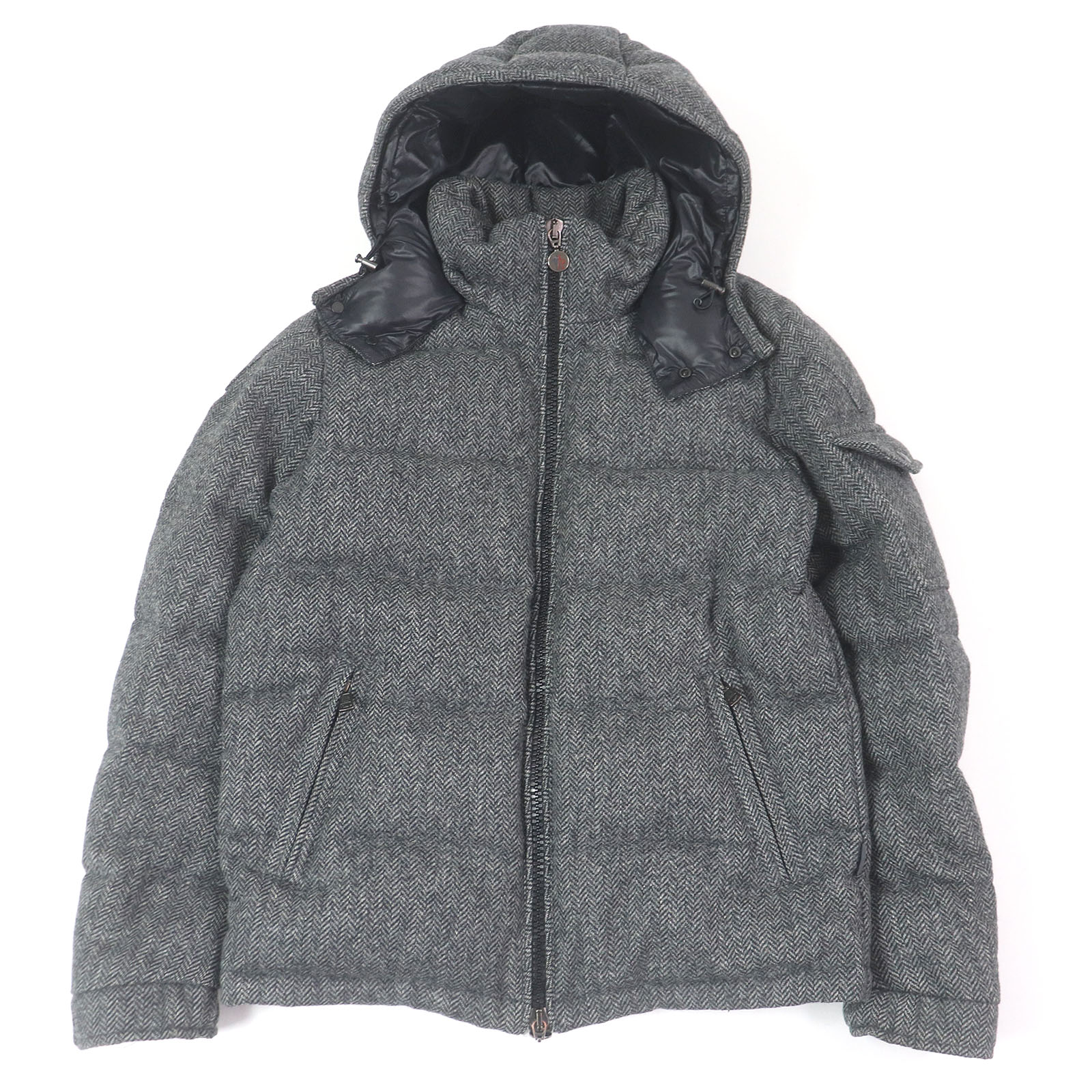 美品□MONCLER モンクレール MONTGENEVRE モンジュネーブル ウール ヘリンボーン フーデッド ダウンジャケット グレー 1 正規品 メンズ【中古】