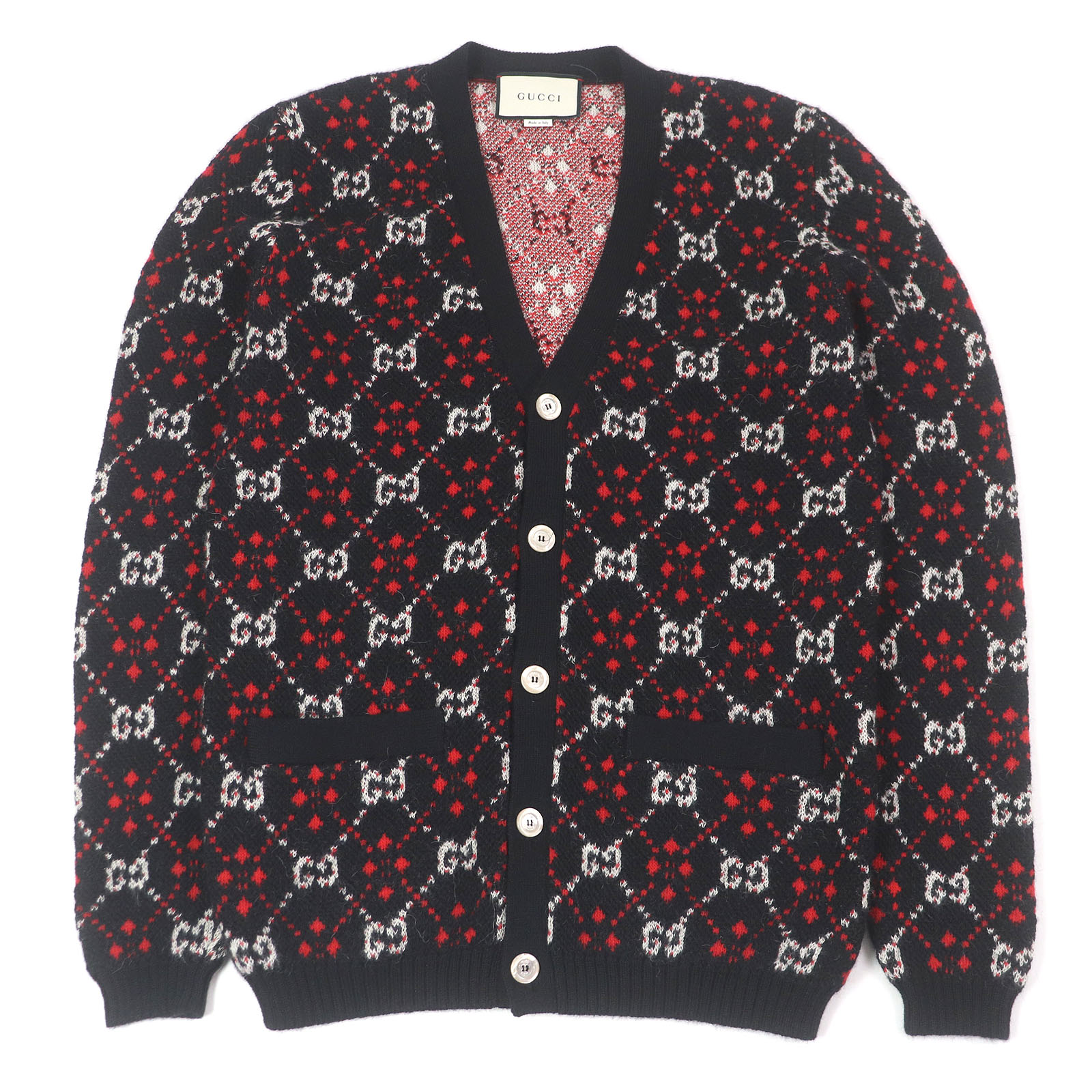 極美品□GUCCI グッチ 543497 アルパカ混 GGダイヤモンド アーガイル ニットカーディガン セーター ブラック S イタリア製 正規品 メンズ【中古】