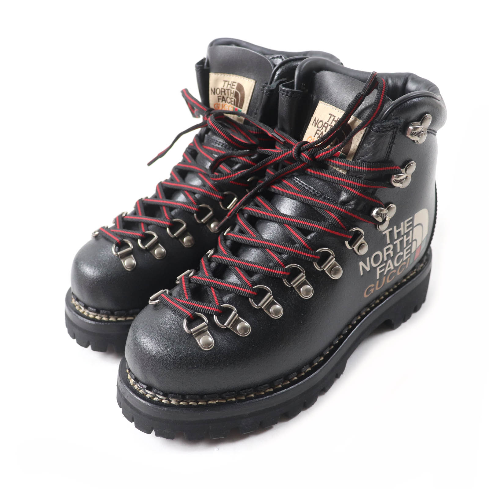 未使用品★GUCCI×THE NORTH FACE グッチ×ザ・ノースフェイス 655398 ロゴデザイン レースアップ レザー マウンテンブーツ トレッキングブーツ ブラック 36 箱・保存袋付き イタリア製 レディース【中古】