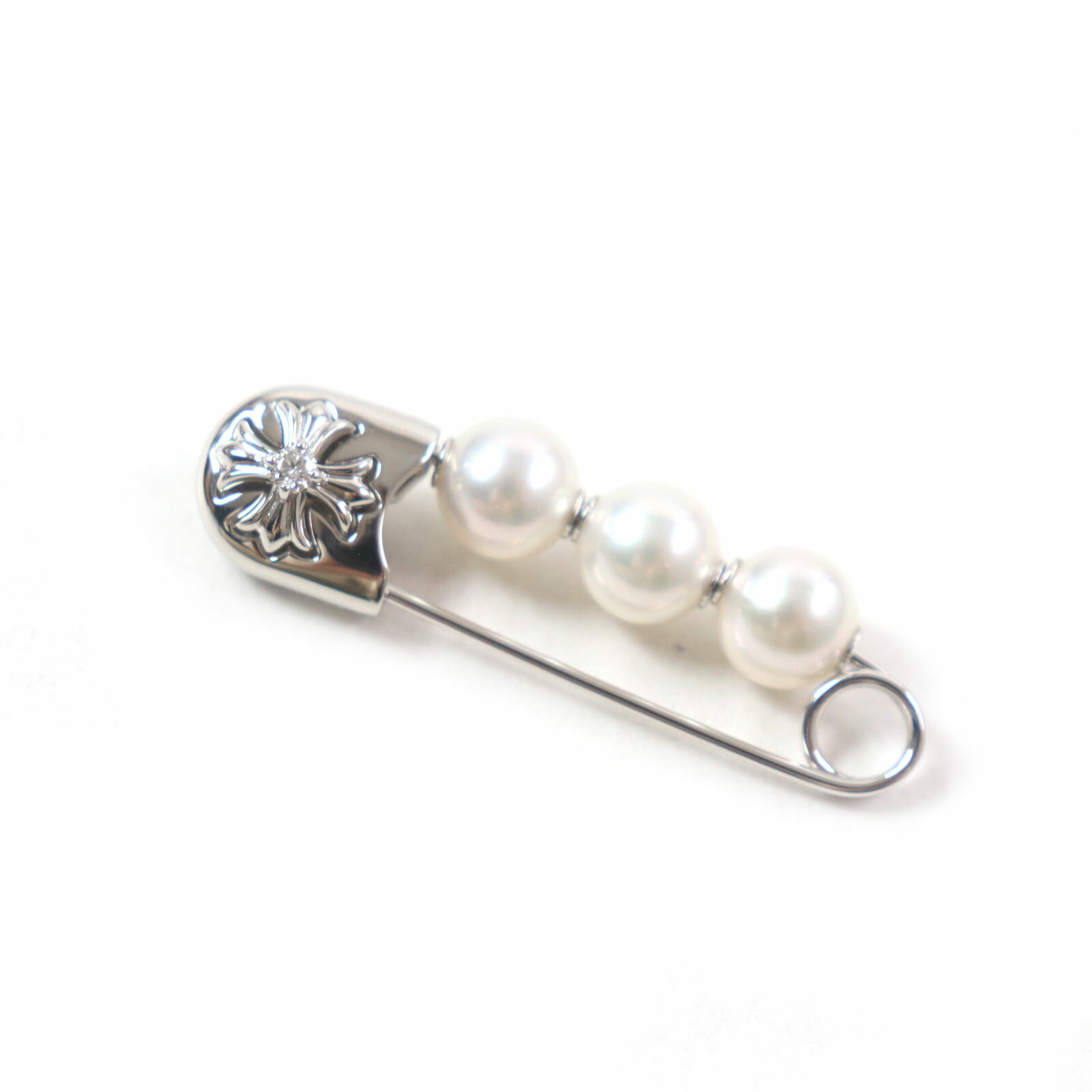 未使用品▼CHROME HEARTS MIKIMOTO クロムハーツ ミキモト CHプラス 安全ピン ブローチ PT950 18K 1Pダイヤモンド パール シルバー ホワイト 箱・ケース付き 総重量8.85g レディース【中古】