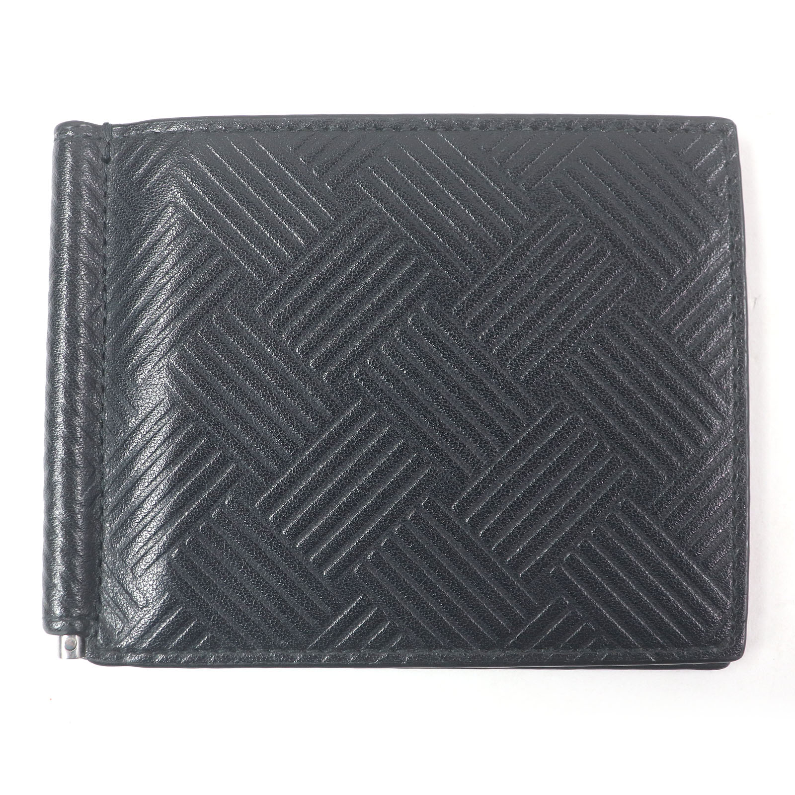 美品□BOTTEGAVENETA ボッテガヴェネタ イントレチャート レザー マネークリップ 二つ折り財布 札入れ ブラック イタリア製 メンズ【中古】