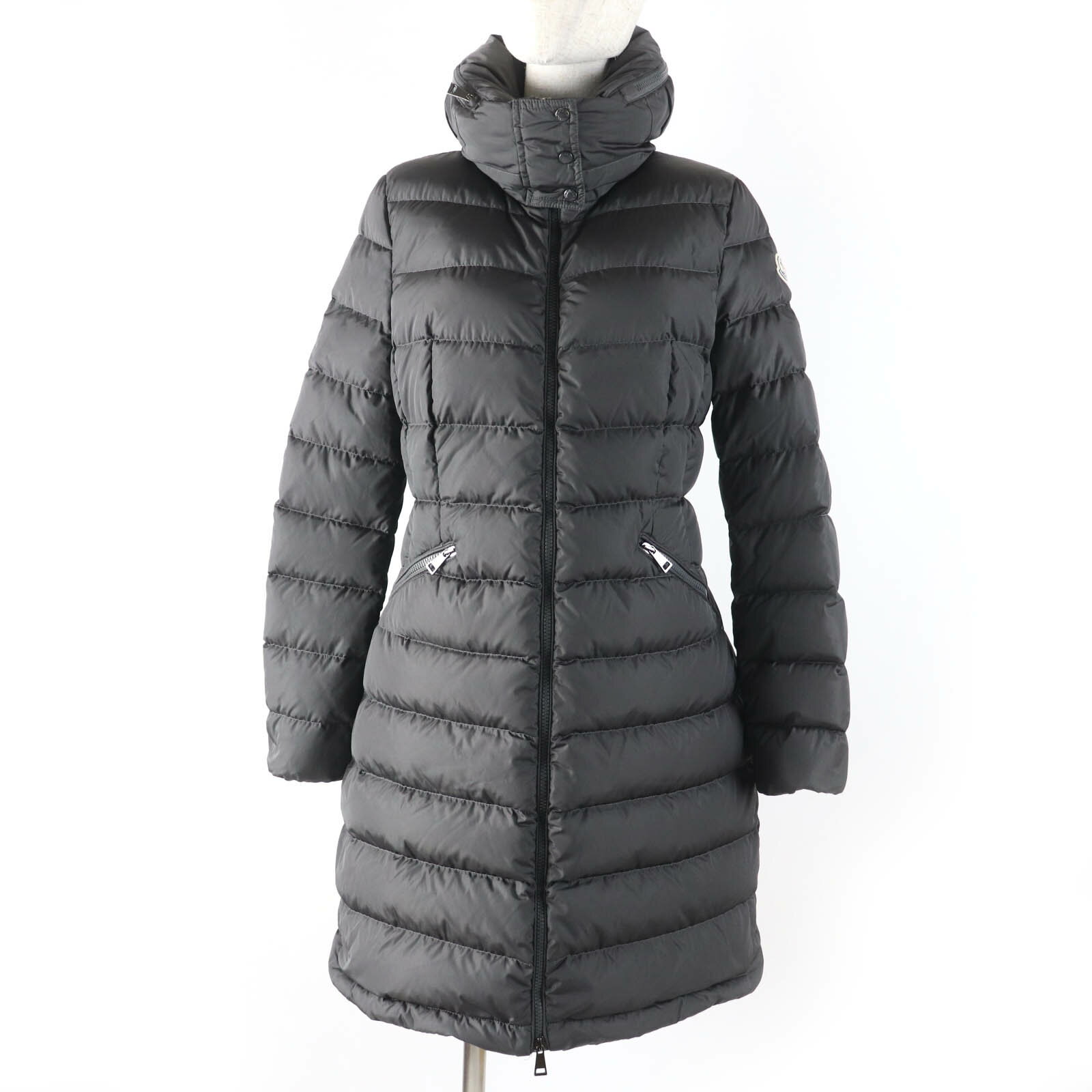 美品☆MONCLER モンクレール 18-19AW FLAMMETTE フラメッテ ロゴワッペン・フード付 ZIP UP ダウンコート グレー 1 正規品 レディース【中古】