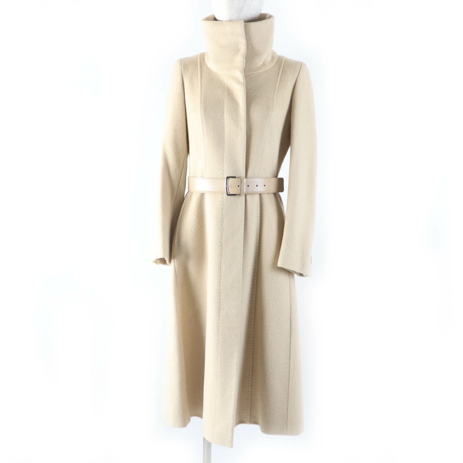 極美品☆Max Mara マックスマーラ 10160813 キャメル100％ 白タグ レザーベルト付 スタンドカラー Aラインコート ベージュ 36 イタリア製 正規品 レディース【中古】